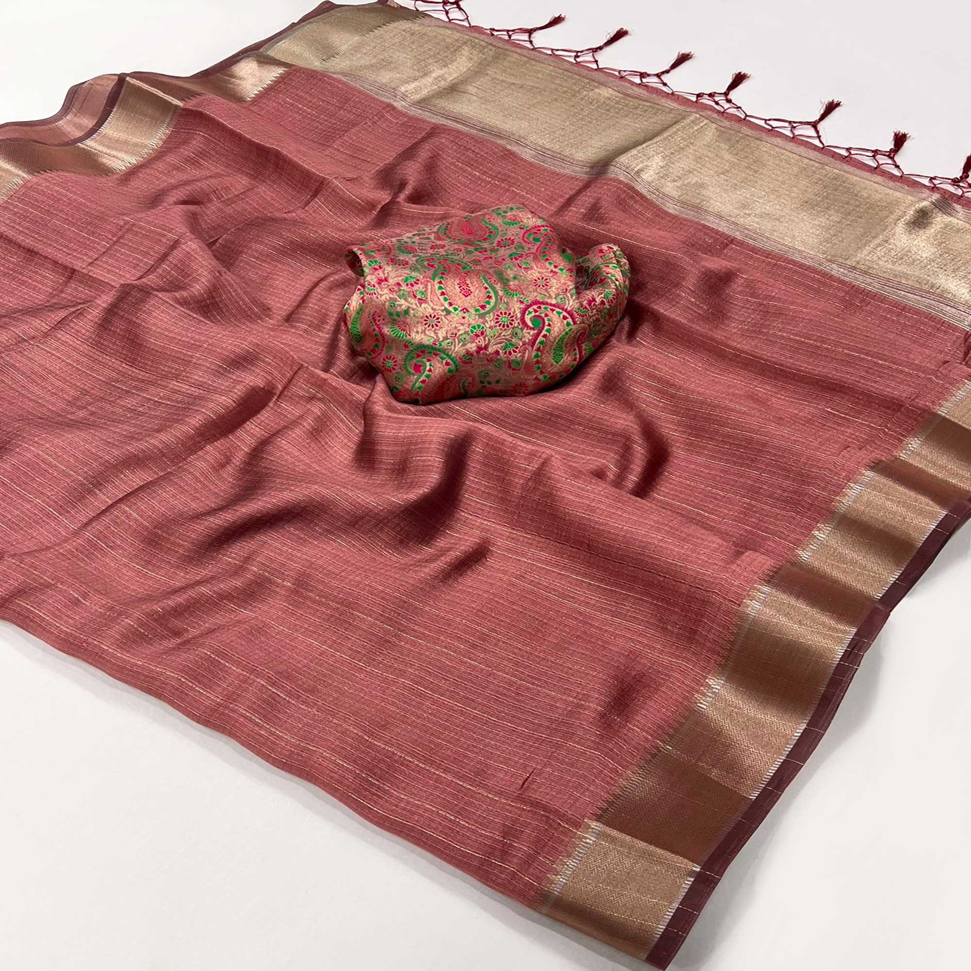 Peachmode Rust Handloom Woven Chiffon Saree – Women's