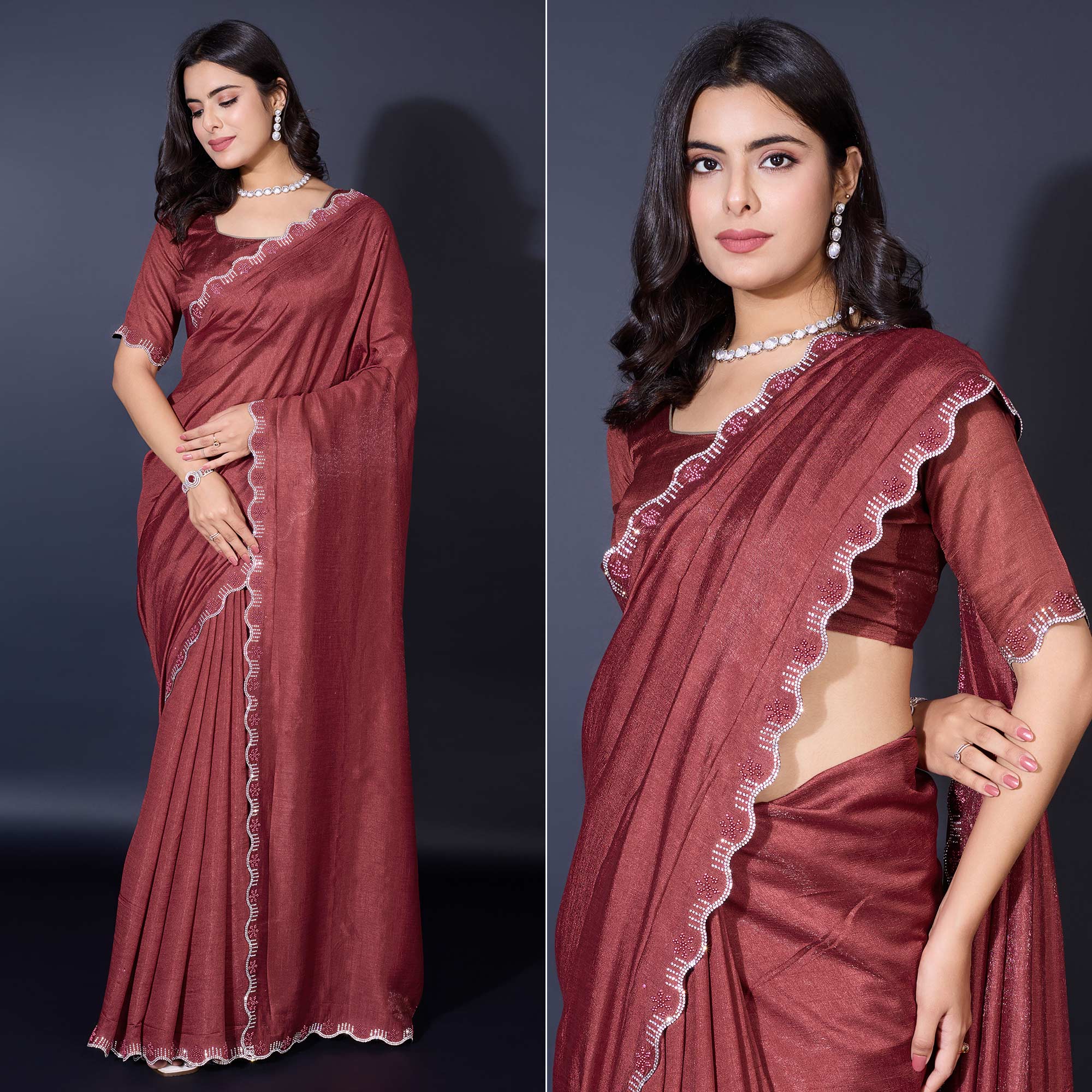Peachmode Brown Pearl Work Embroidered Khaadi Saree