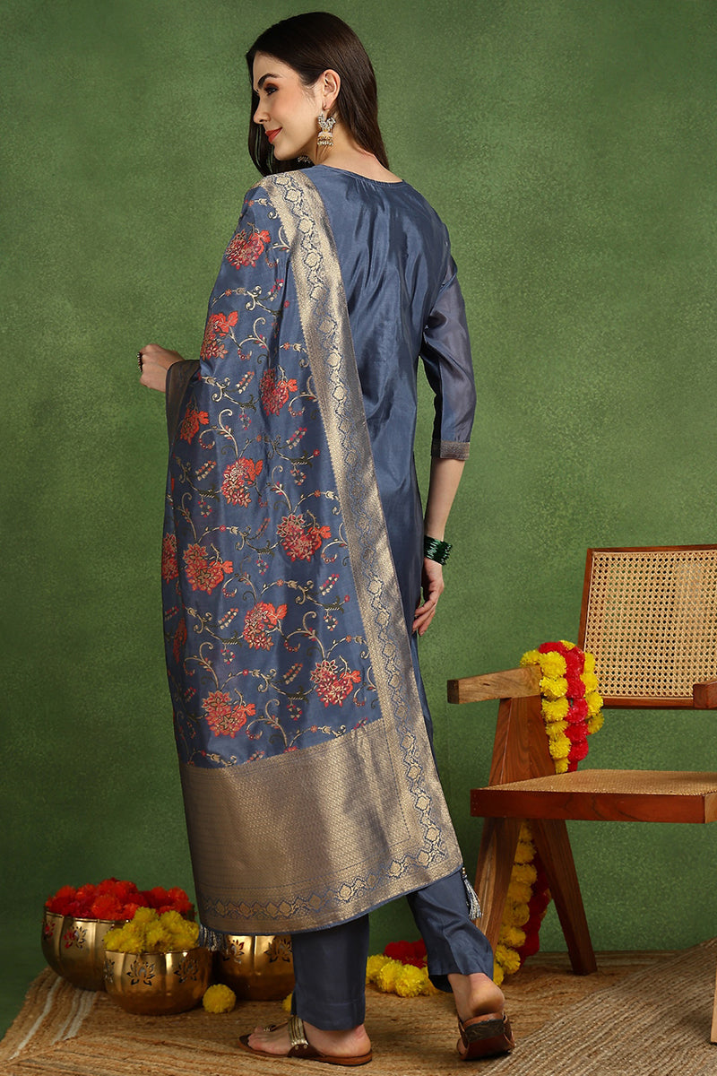 Ahika Blue Chanderi Solid Woven Design Jacquard Straight Suit Set With Trouser Bottom PKSKD2677 - view 2