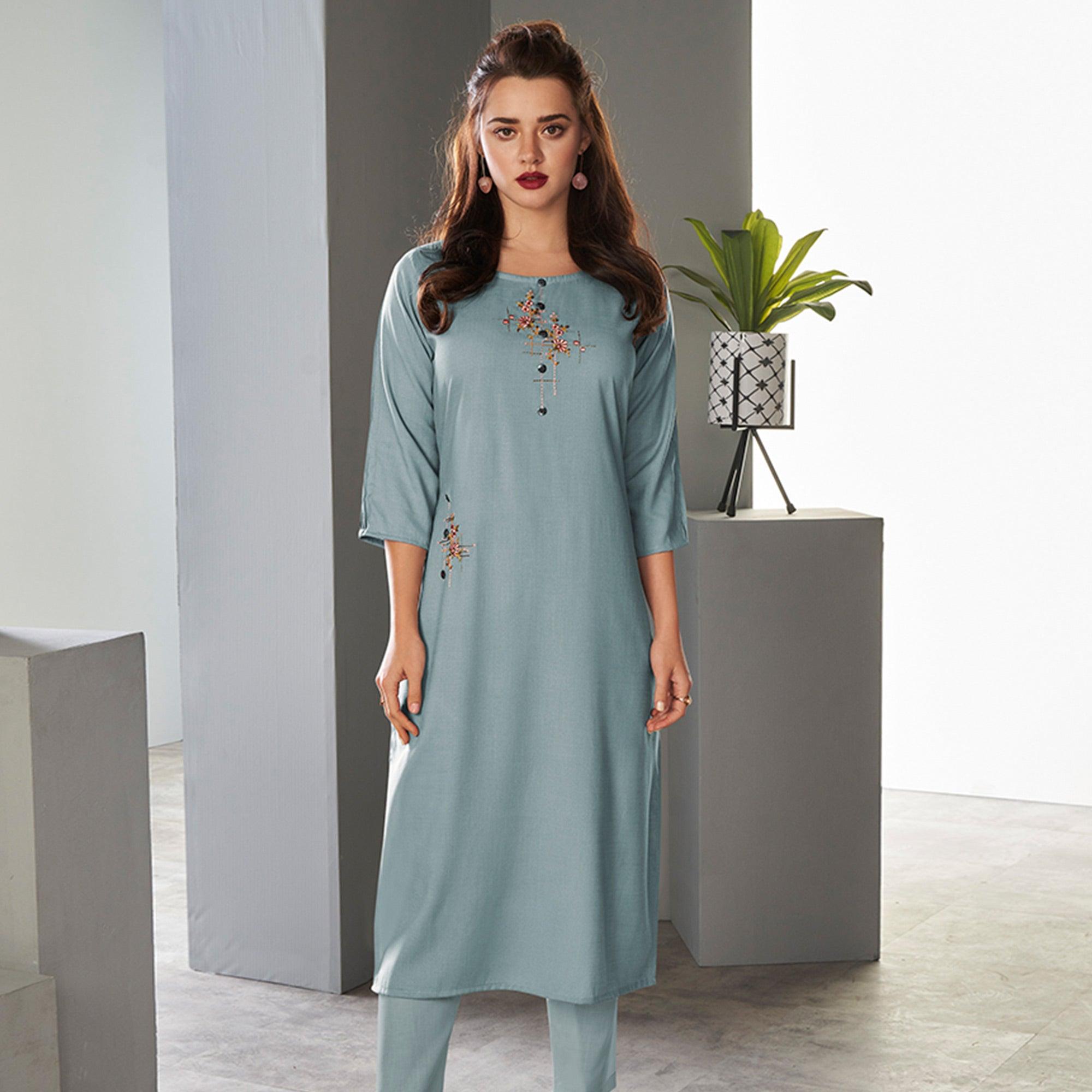 Peachmode Seller Light Blue Casual Wear Embroidered Pure Viscose Kurti