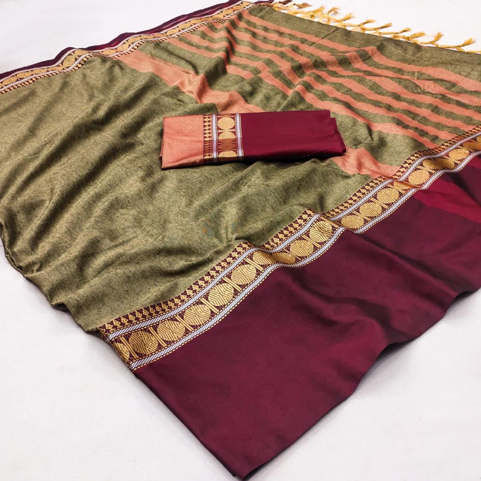 Peachmode Chikoo Woven Cotton Silk Saree With Tassels