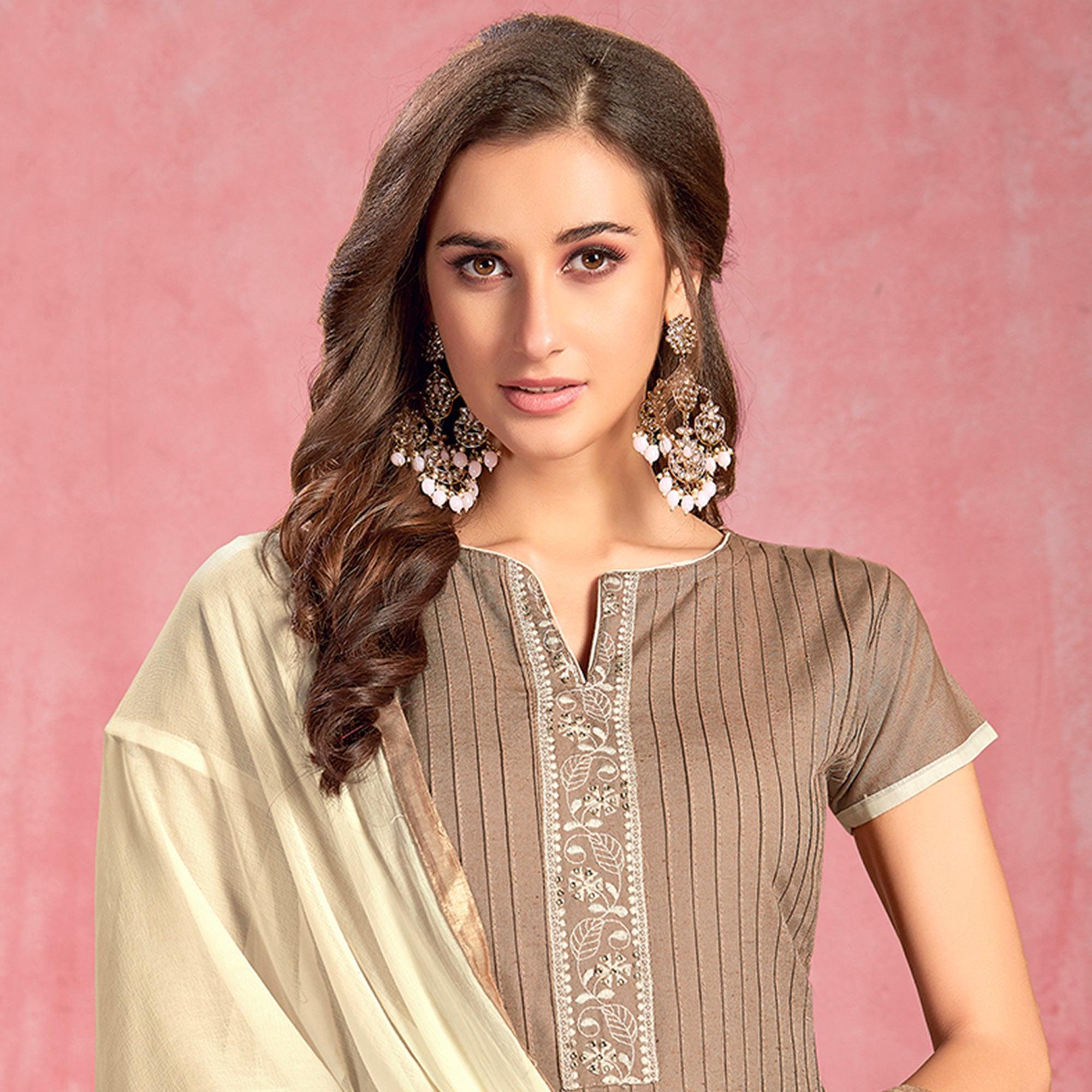 Peachmode Imposing Dark Beige Colored Partywear Embroidered Pure Cotton Dress Material - view 2