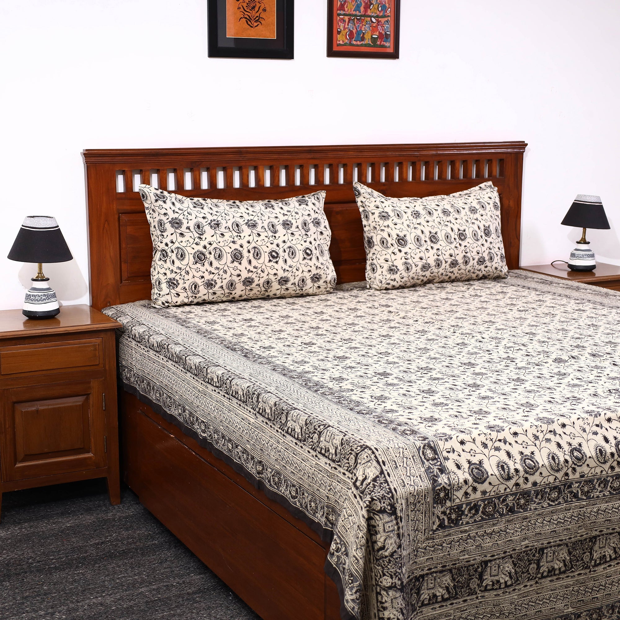 SOUTH KARGHA Beige - Kalamkari Block Printed Cotton Double Bed Cover with Pillow Covers (108 x 90 in)