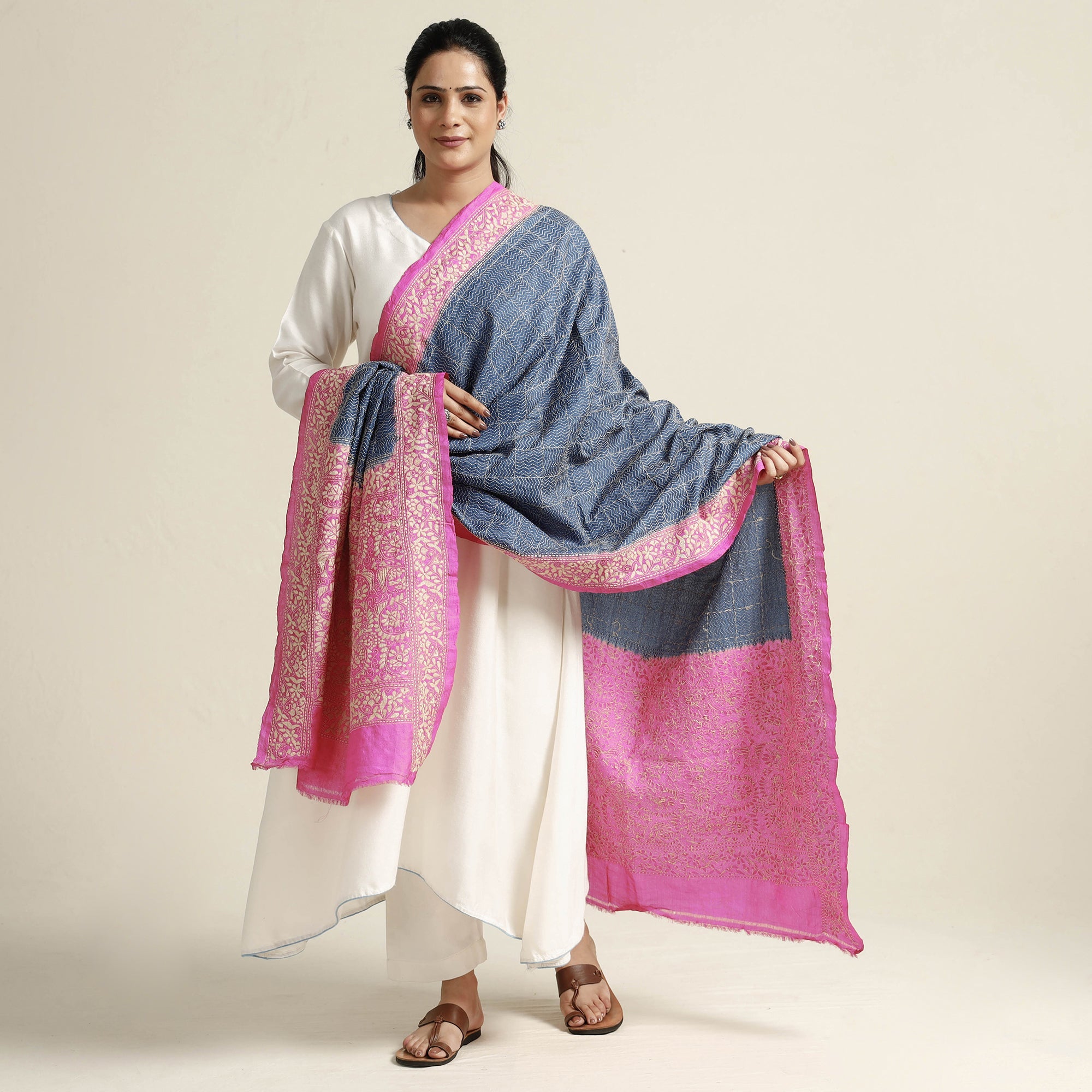 KHUSHBASH - HAPPY LOOM OF EAST Blue - Bengal Kantha Embroidery Tussar Silk Handloom Dupatta - view 2