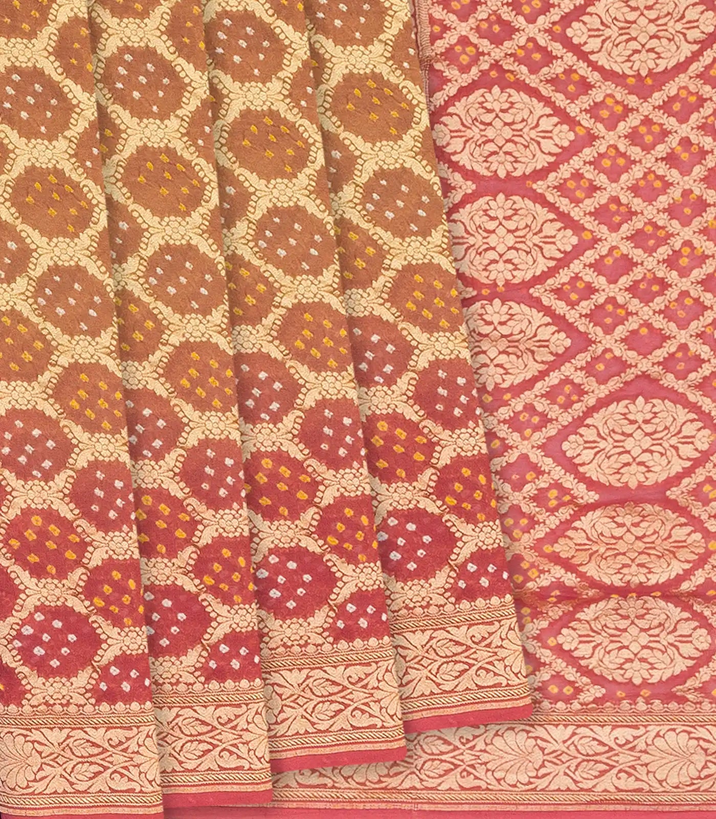 RmKV Baby Pink Handloom Banarasi Bandhani Khaddi Georgette Saree With Floral Jaal Motifs-Baby Pink
