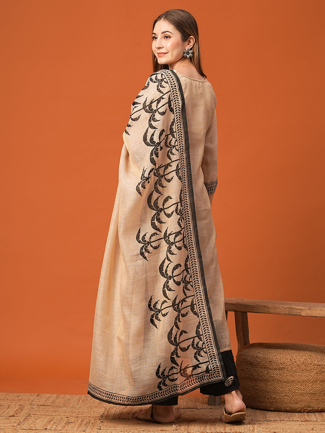 Fashor Ethnic Floral Printed & Embroidered Straight Kurta with Dupatta - Beige - view 6