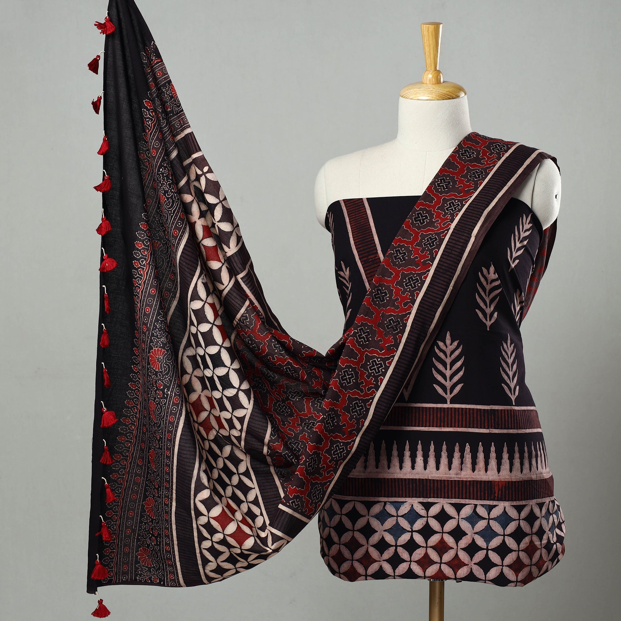 AJRAKH BY JABBAR KHATRI Black - Hand Block Print Cotton 3pc Ajrakh Dress Material 28