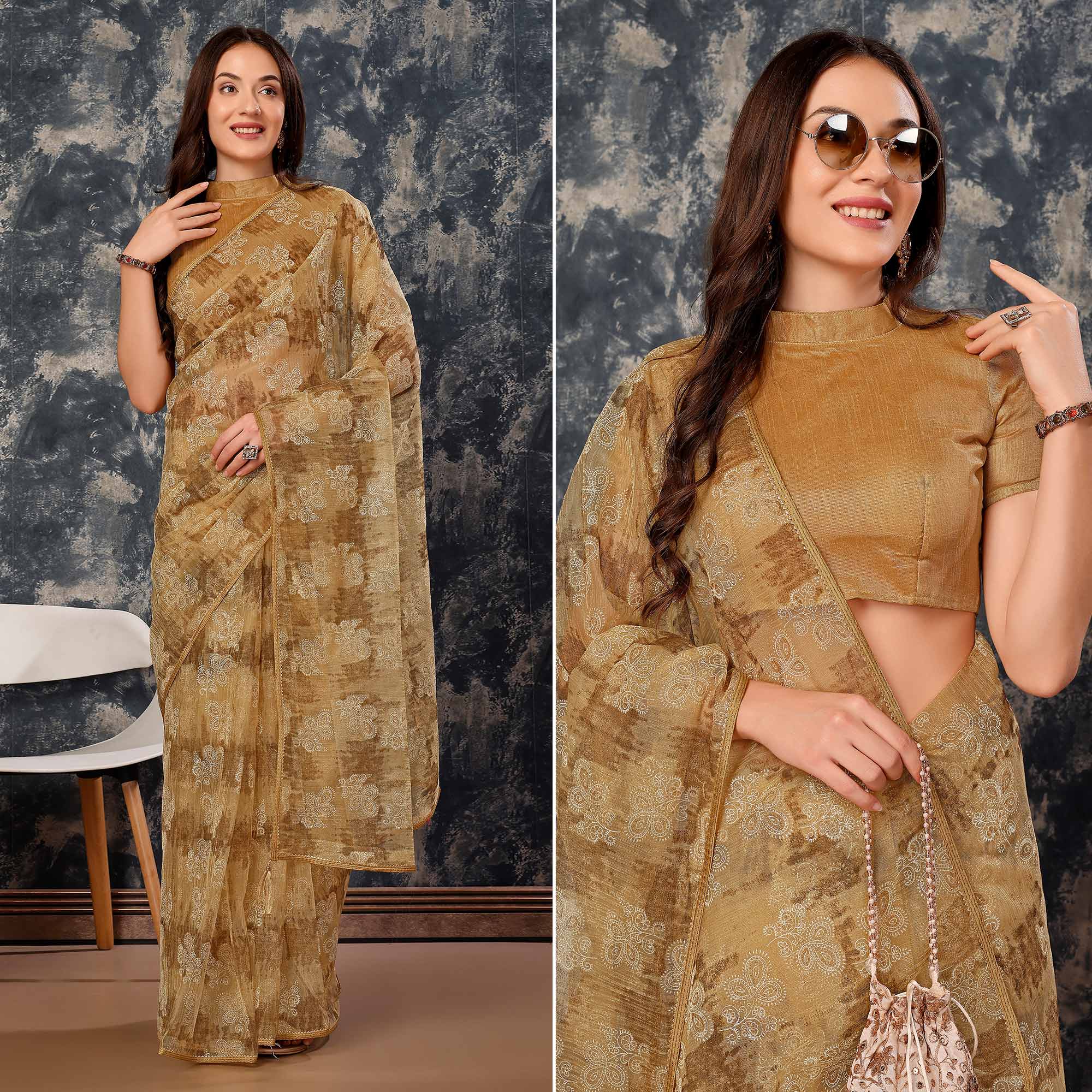 Peachmode Chikoo Floral Printed With Zari Work Cotton Silk Saree