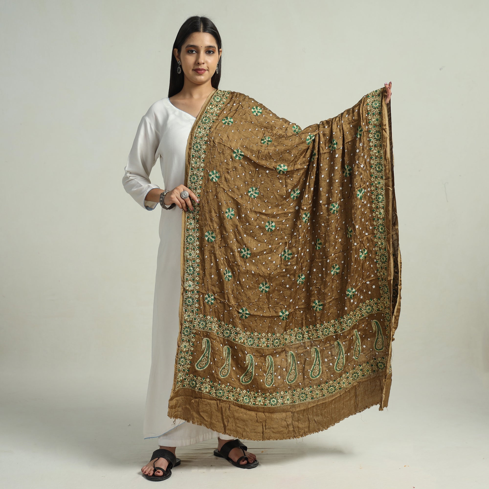 KACHCHH JI CHHAAP Brown - Kutch Bandhani Tie-Dye Modal Silk Zari Work Dupatta 60