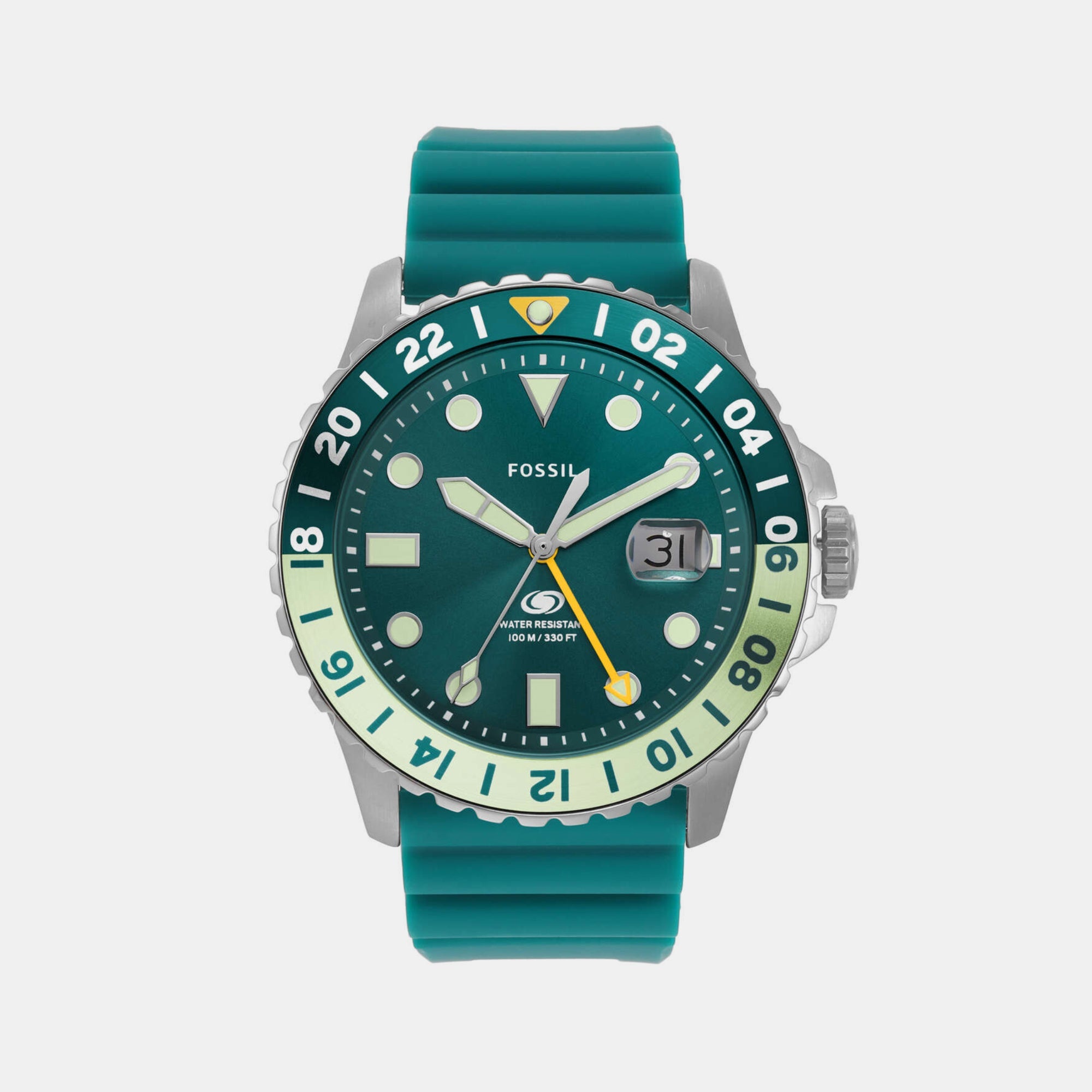 Fossil Blue Gmt Men Quartz Green Dial Analog Silicone Watch FS5992