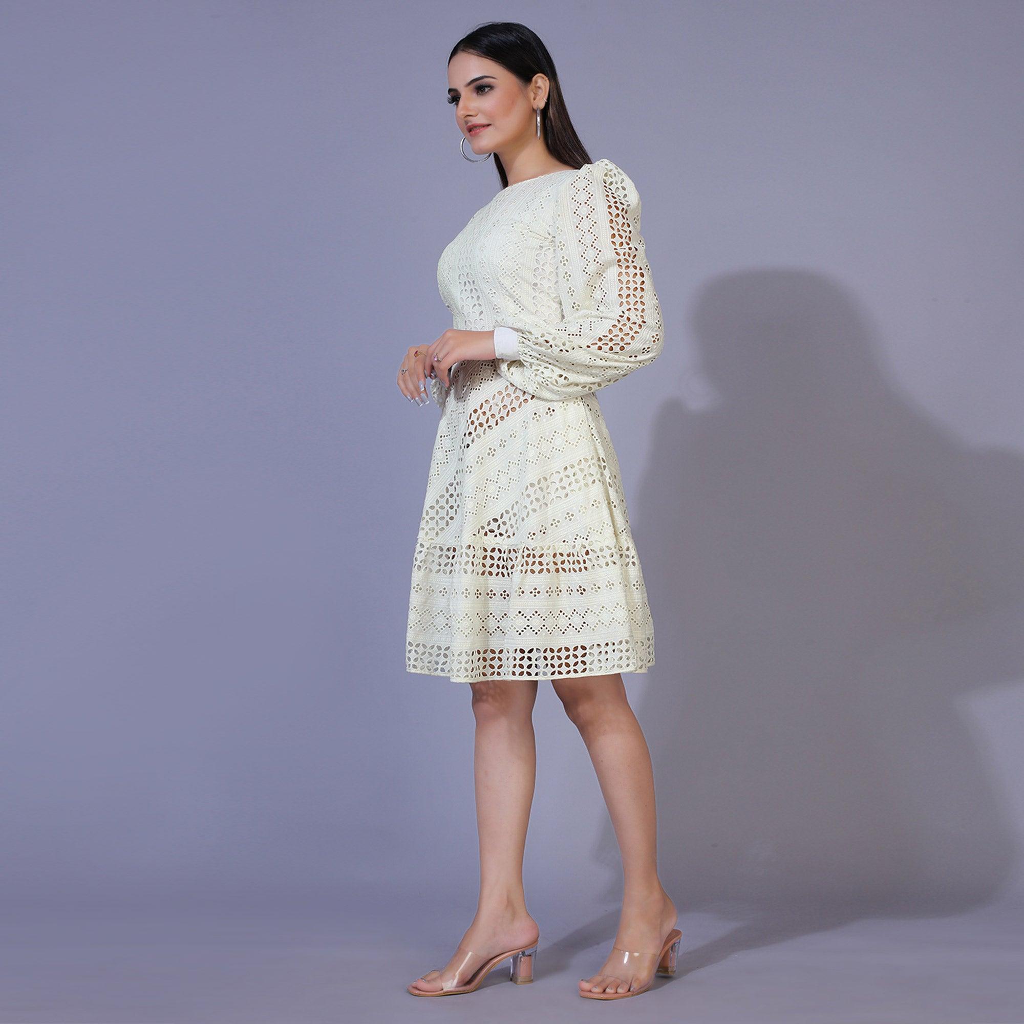 Peachmode Seller Cream Lucknowi Chikankari Work Rayon Western Dress - view 6