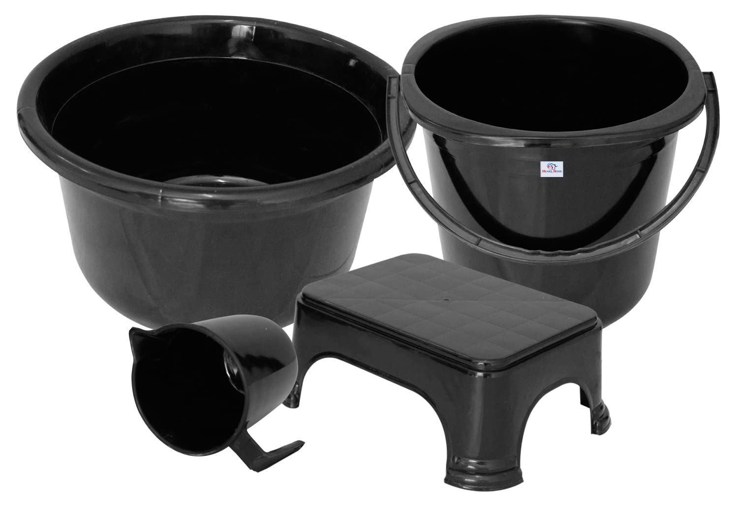Heart Home 4 Pieces Plastic Bucket, Stool, Mug & Tub Set (Black)