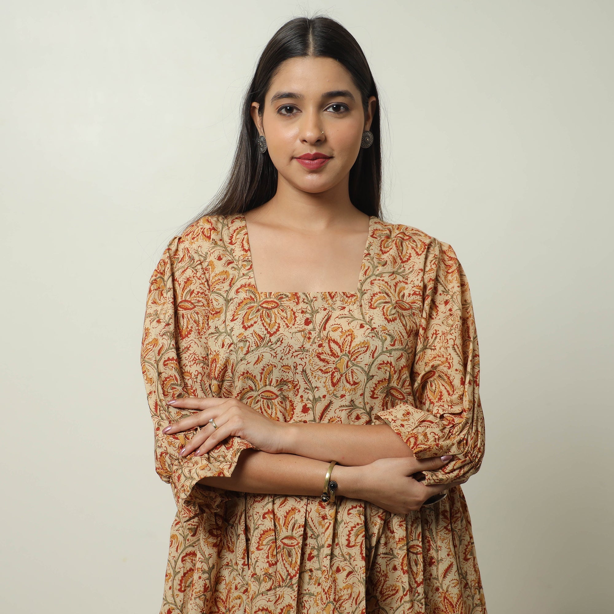 ITOKRI CASUALS Beige - Kalamkari Block Printed Cotton Tiered Dress 10