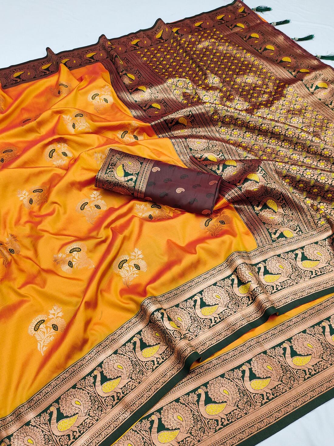Murti-Bazzar-Banarasi Silk Resonant Yellow Paithani Silk Saree With Bewitching Blouse Piece