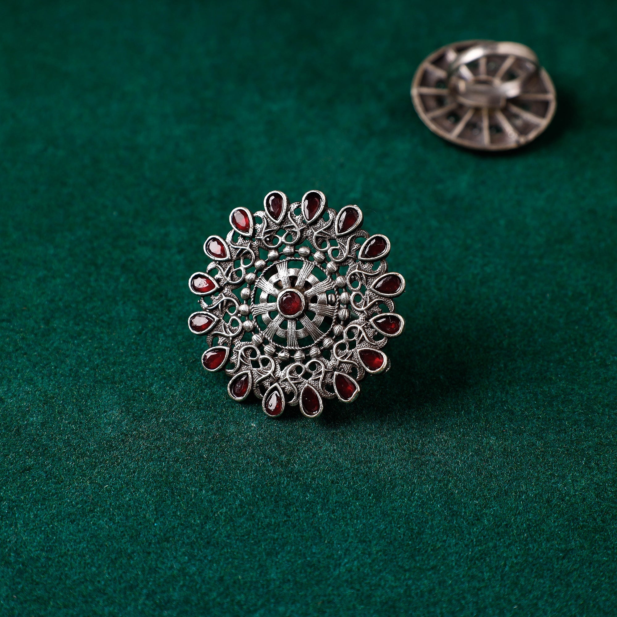 WHITE RIVER STORIES Antique Silver Finish Oxidised Brass Base Stone Work Ring (Adjustable)