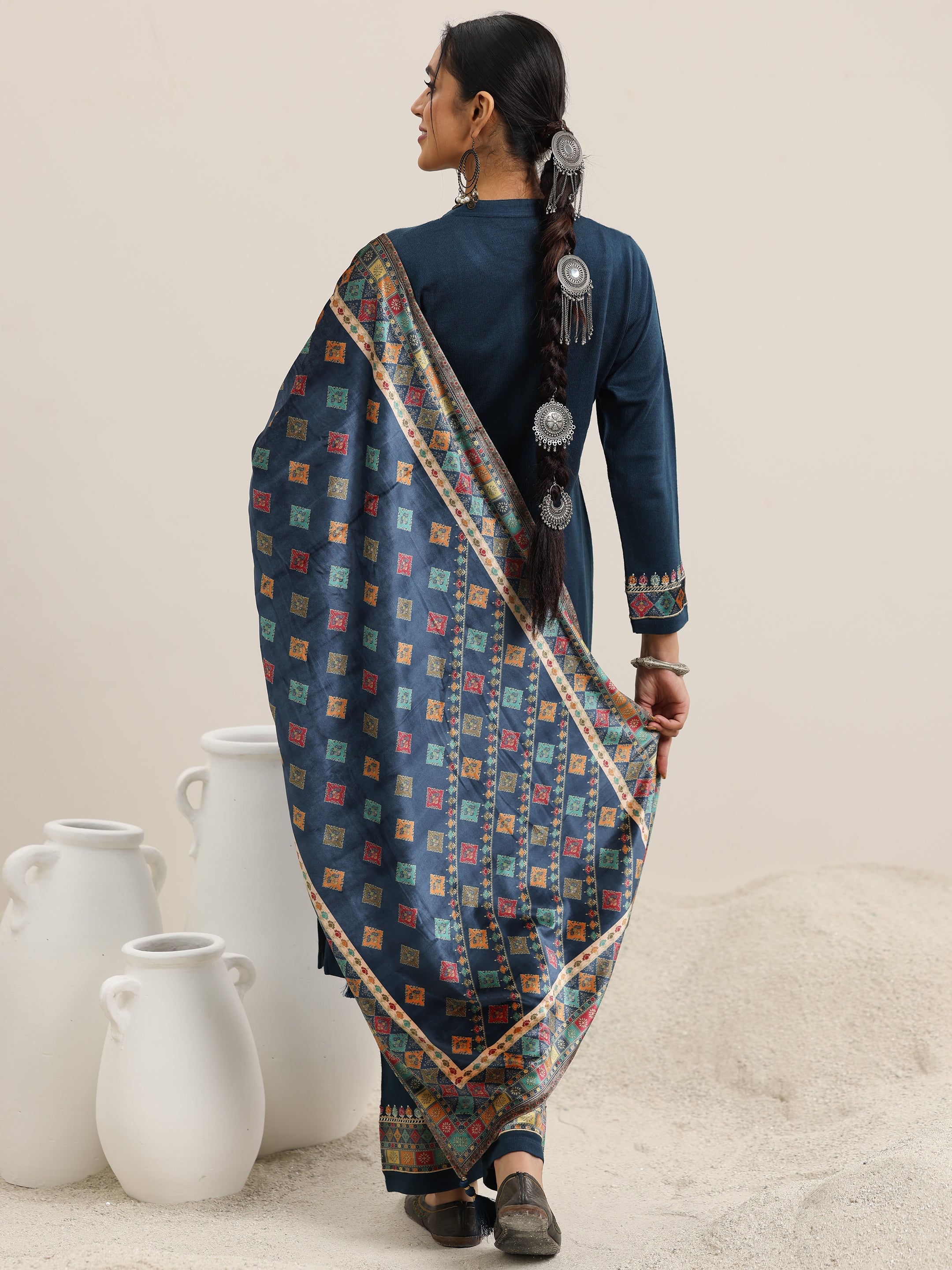 Libas Blue Yoke Design Wool Blend Straight Suit With Dupatta - view 4