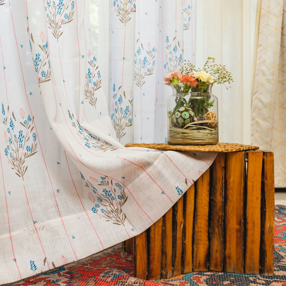 Urban Space -Home Furnishing Store Printed Sheer Linen Curtains, Light Filtering, Pack of 2 Curtains - Blue Dahlia - view 3