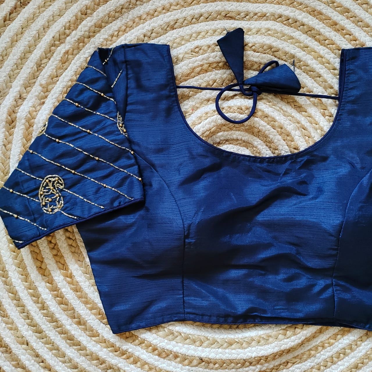 ClothsVilla Blue Pure Silk Blouse with Handcrafted Sleeves and Back Opening