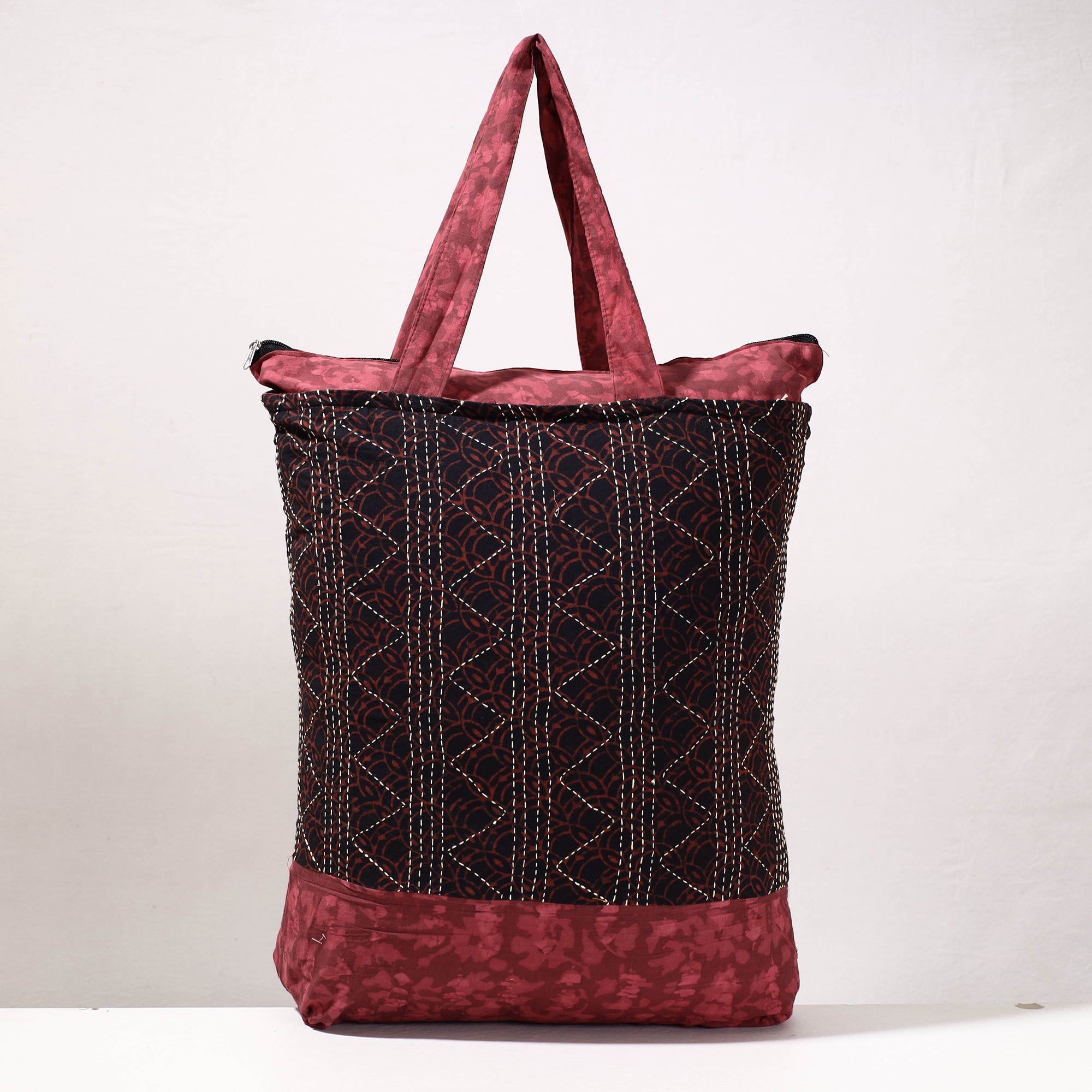 ARTISAN HAND BLOCK PRINTS Black - Kantha Work Block Print Cotton Shopping Bag