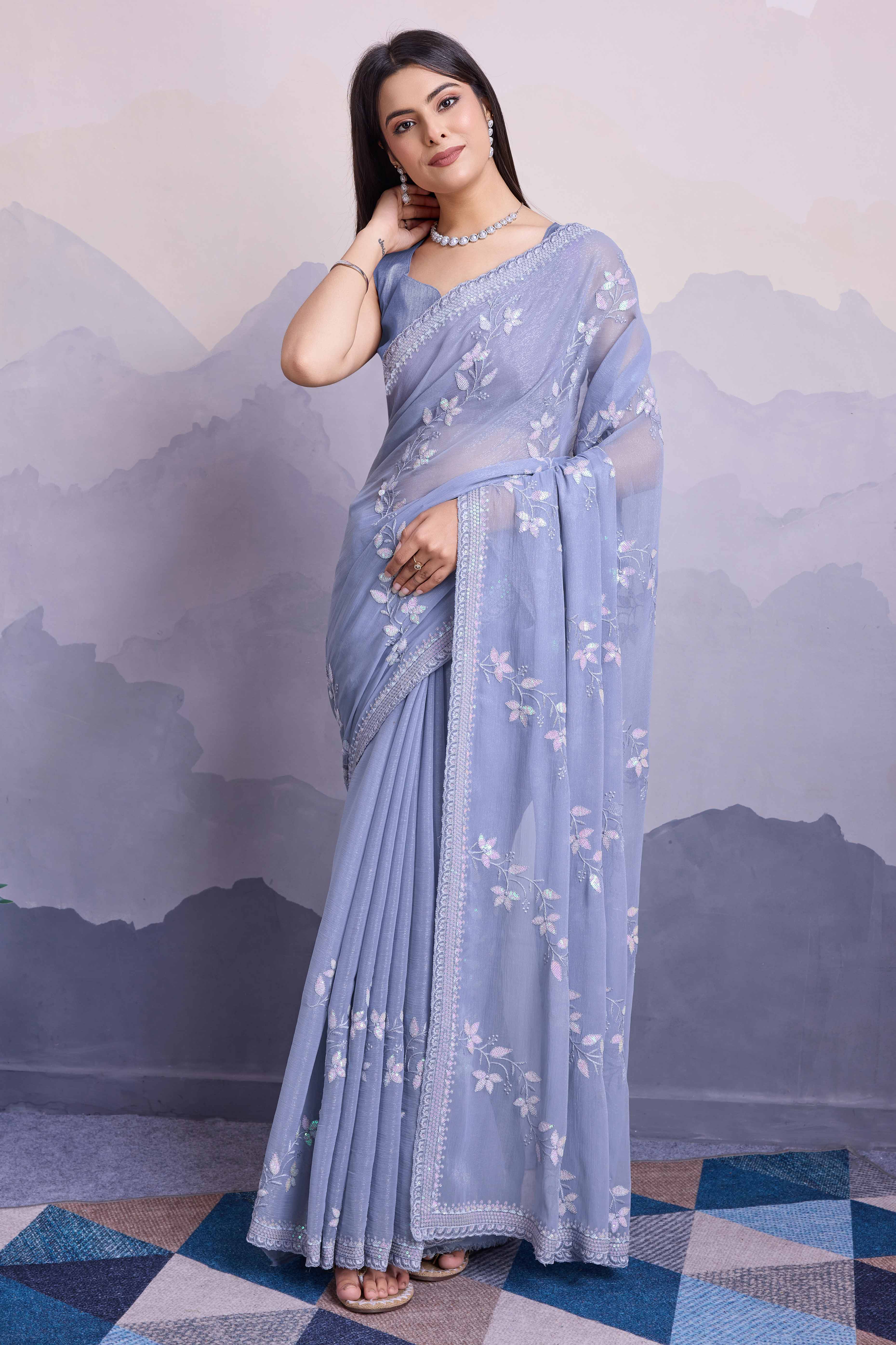 Peachmode Lavender Floral Sequins Embroidered Chiffon Saree