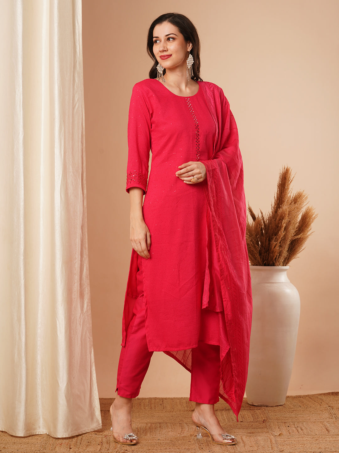 FASHOR Solid Mirror Embroidered Straight Fit Kurta with Pant & Dupatta - Pink - view 5