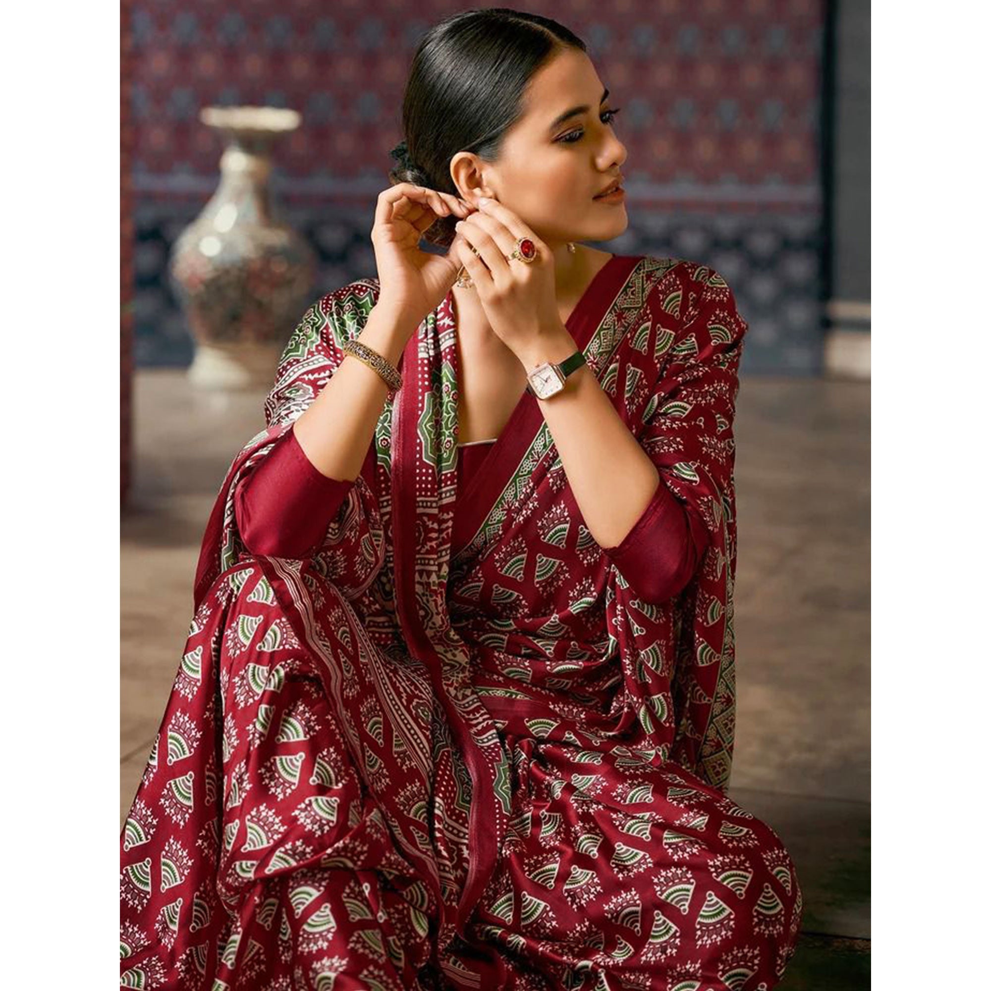Peachmode Dark Maroon Ajrakh Printed Satin Saree - view 4