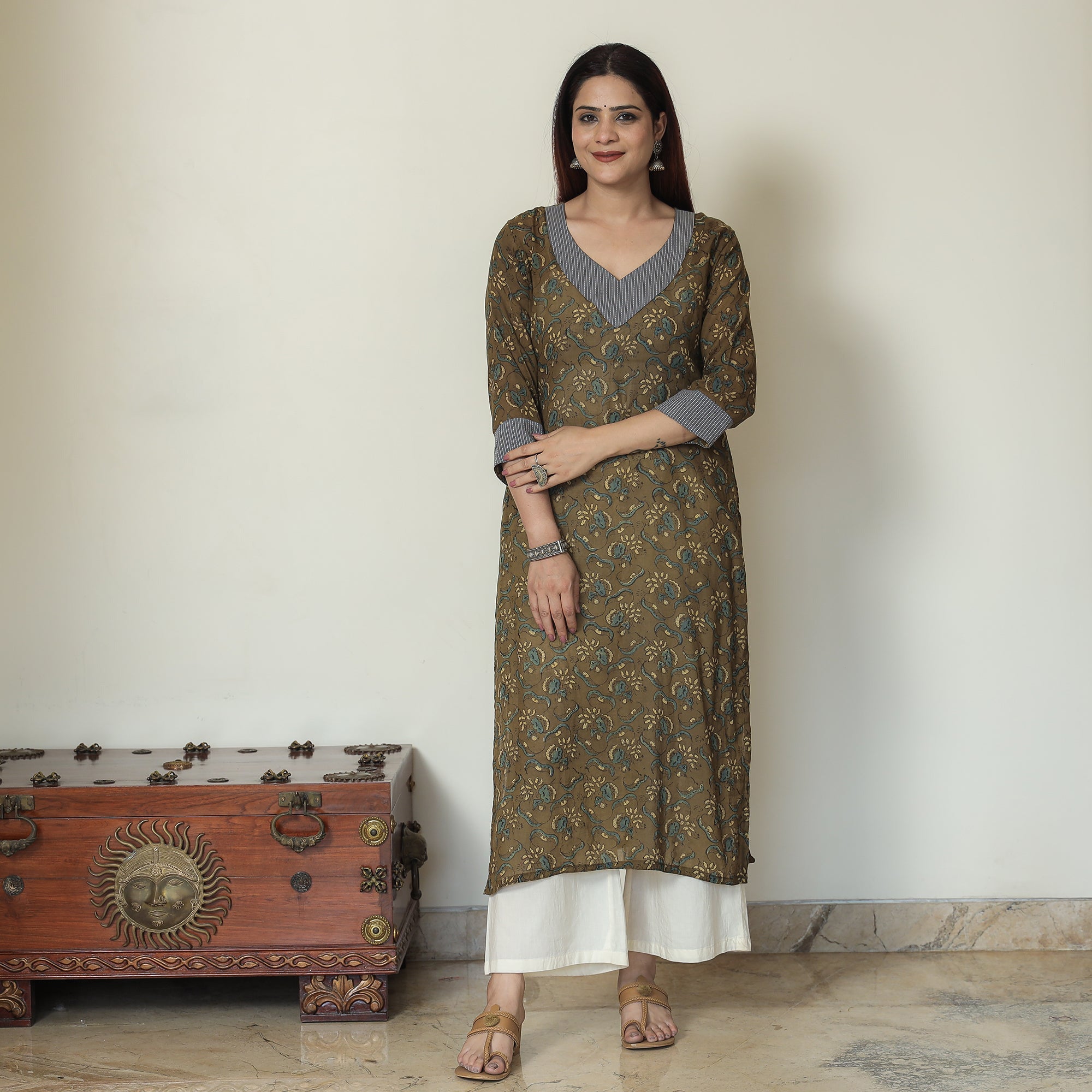 ITOKRI CASUALS Brown - Mehndi Green - Ajrakh Block Printed Mul Cotton Straight Kurta 11 - view 2
