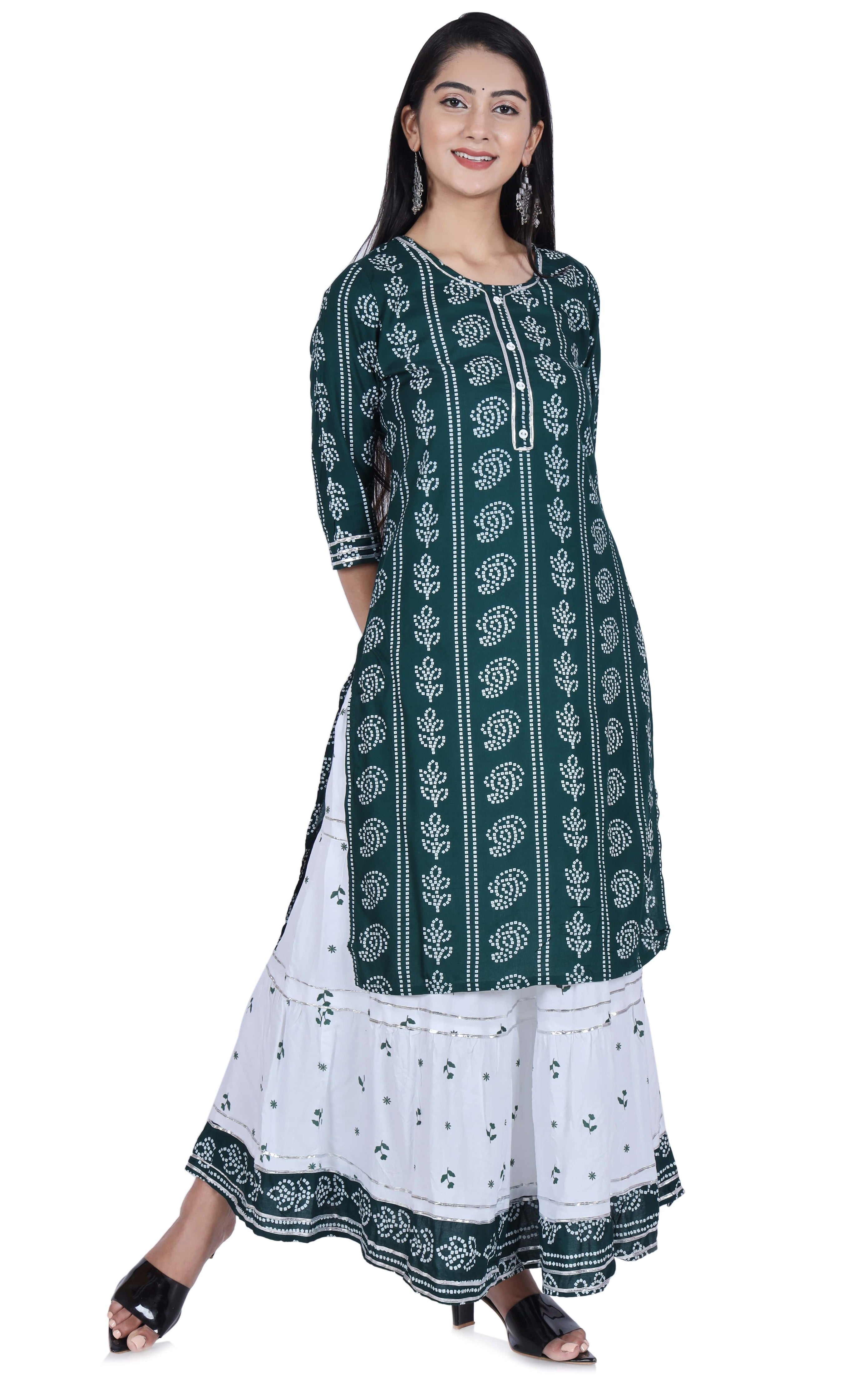 Fab Alchemy Green Printed Cotton Kurta and Skirt Set - view 4