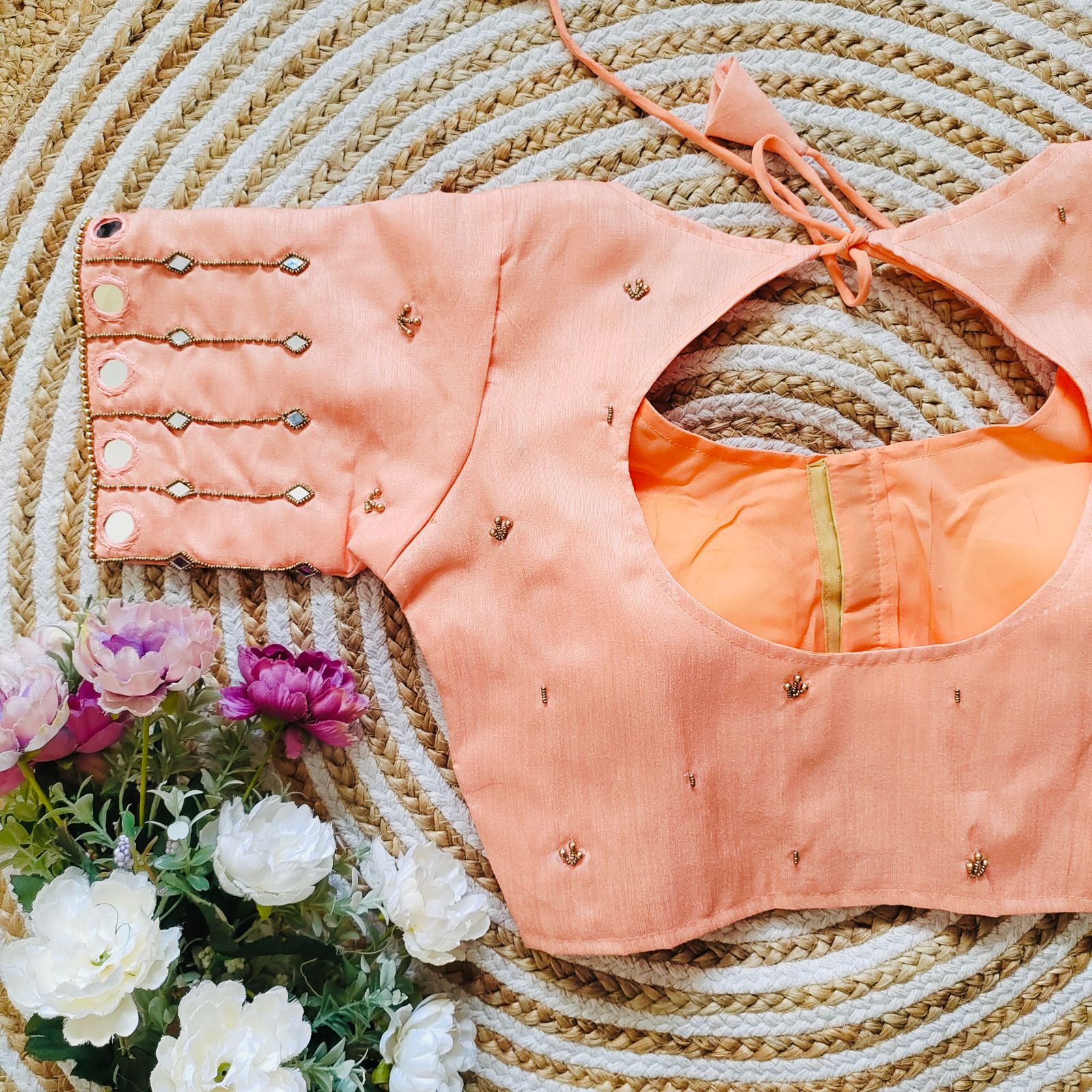 ClothsVilla Orange Russian Silk Blouse with Mirror and Pearl Embellishments - view 2