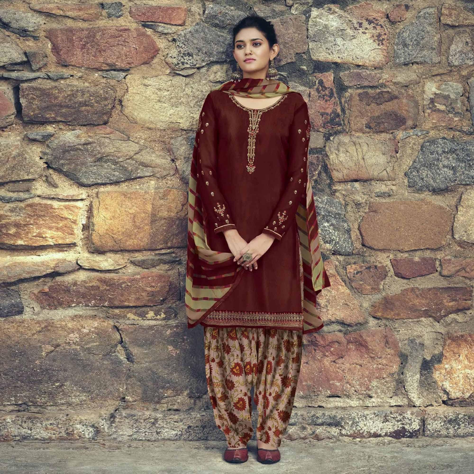 Peachmode Coffee Partywear Embroidered Royal French Crepe Patiala Suit