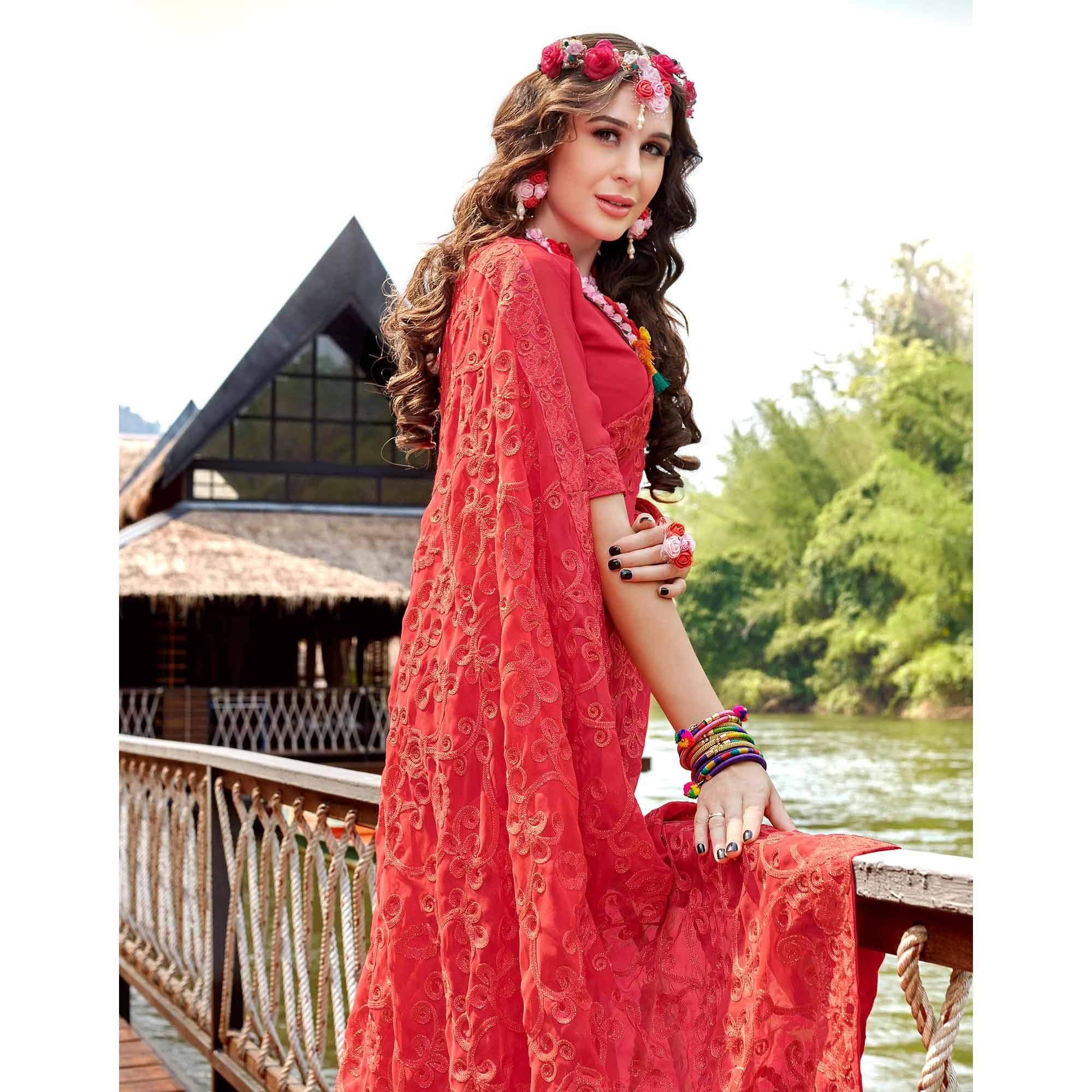 Peachmode Imposing Coral Red Colored Partywear Embroidered Georgette Saree - view 2