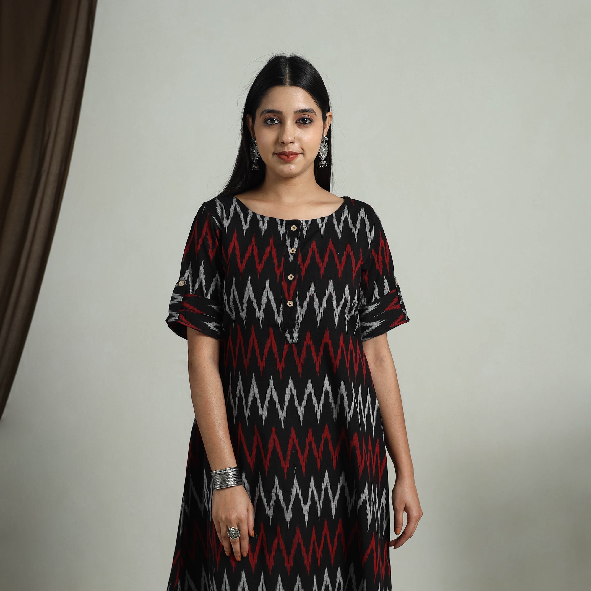 ITOKRI CASUALS Black - Flared Cotton Short Pochampally Ikat Dress 06