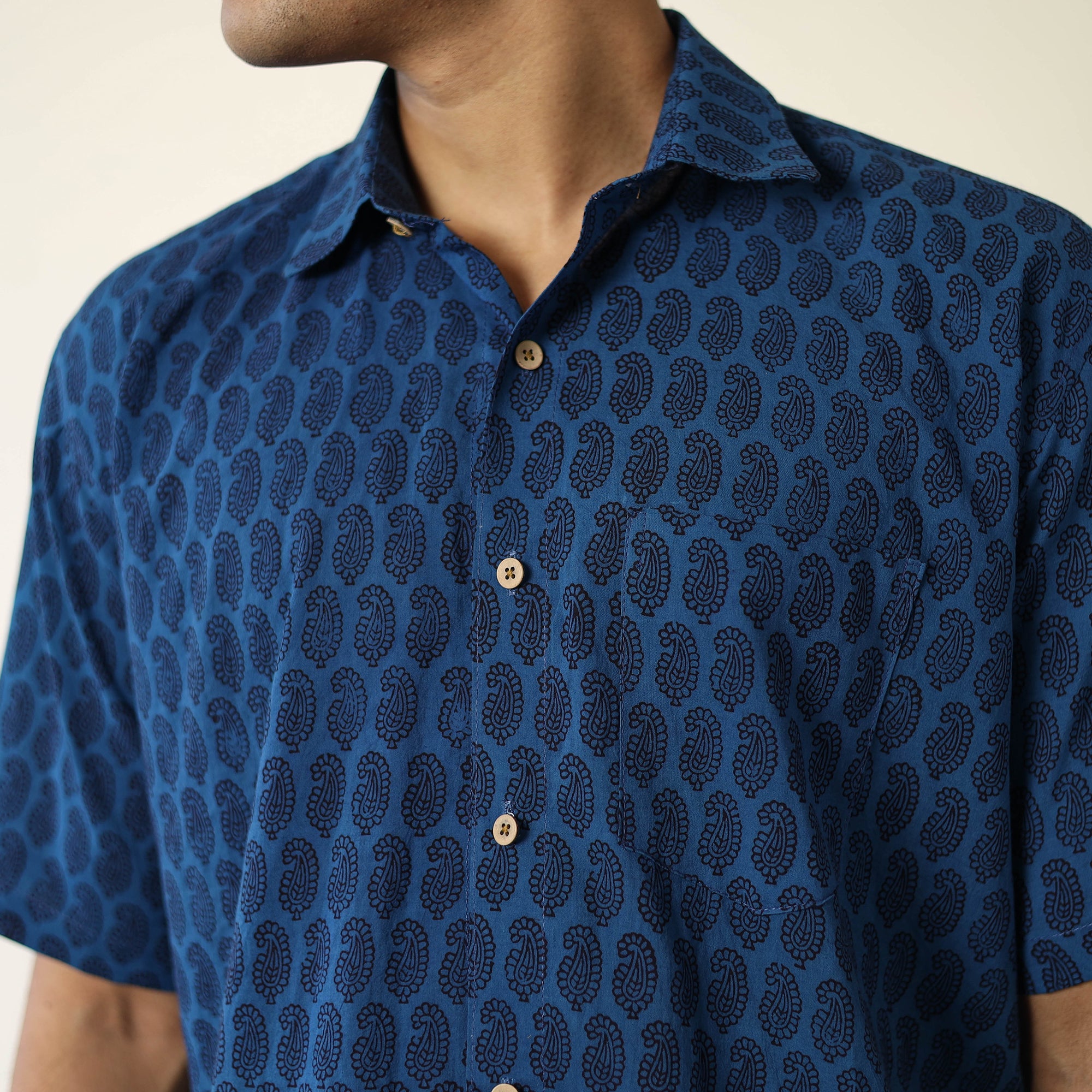 ITOKRI CASUALS Blue - Bagh Hand Block Printed Cotton Men Half Sleeve Shirt 02 - view 4