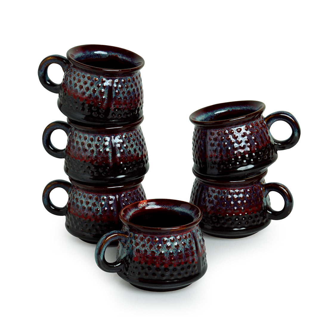 EXCLUSIVELANE 'Dimples of Crimson' Hand Galzed Studio Pottery Ceramic Tea & Coffee Cups (Set Of 6) - view 2