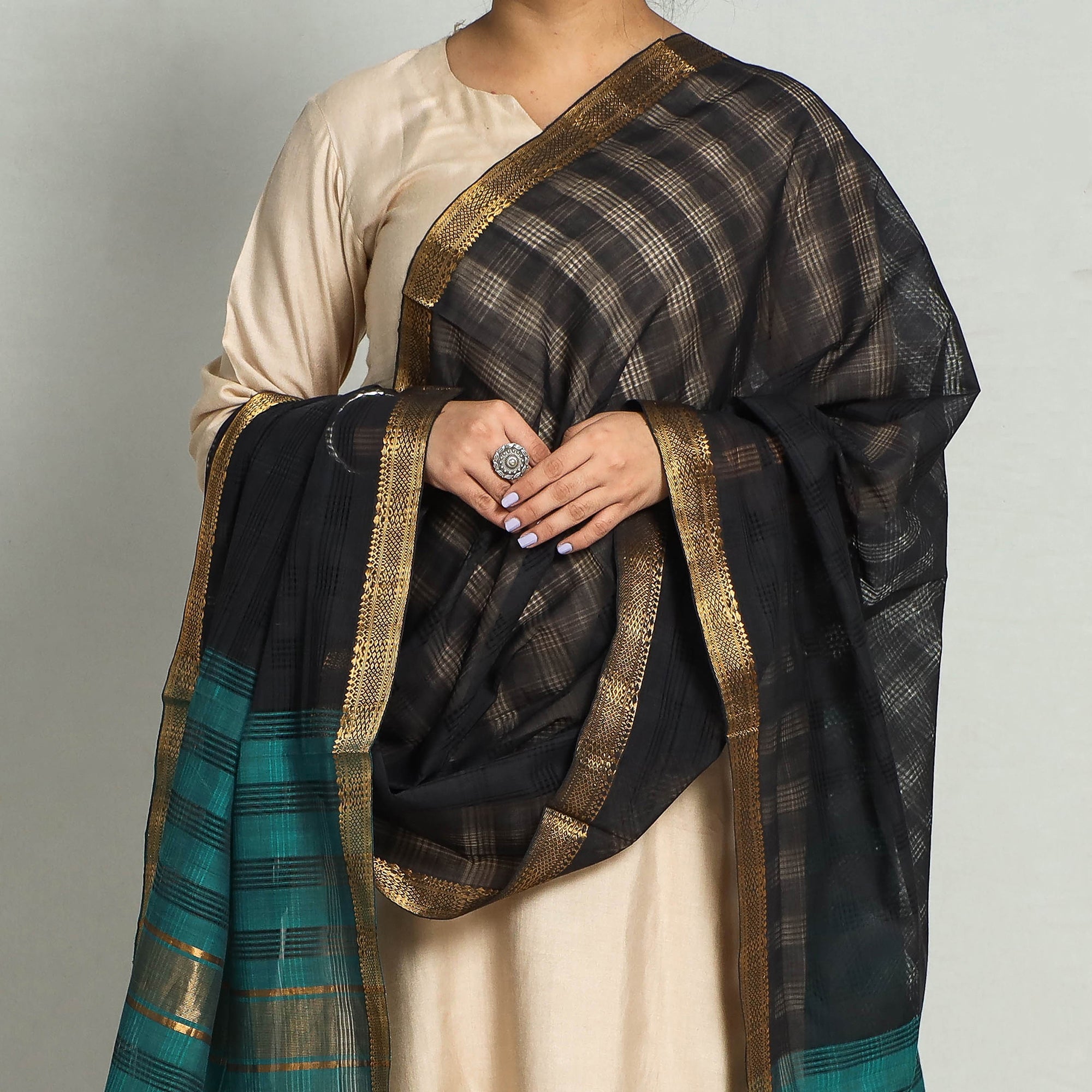 SOUTH KARGHA Black - Original Mangalagiri Handloom Cotton Dupatta with Zari Border - view 3