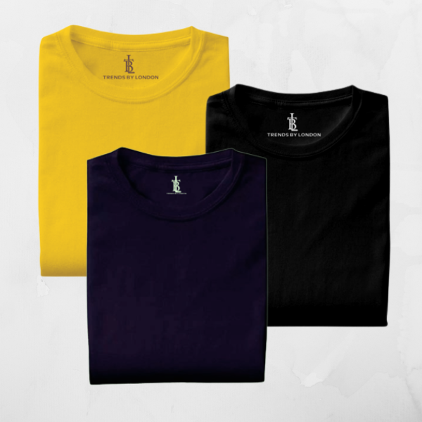 BlackTree Pack of 3 Half Sleeves T-Shirts for Men 180 GSM (Mustard, Black and Navy Blue)