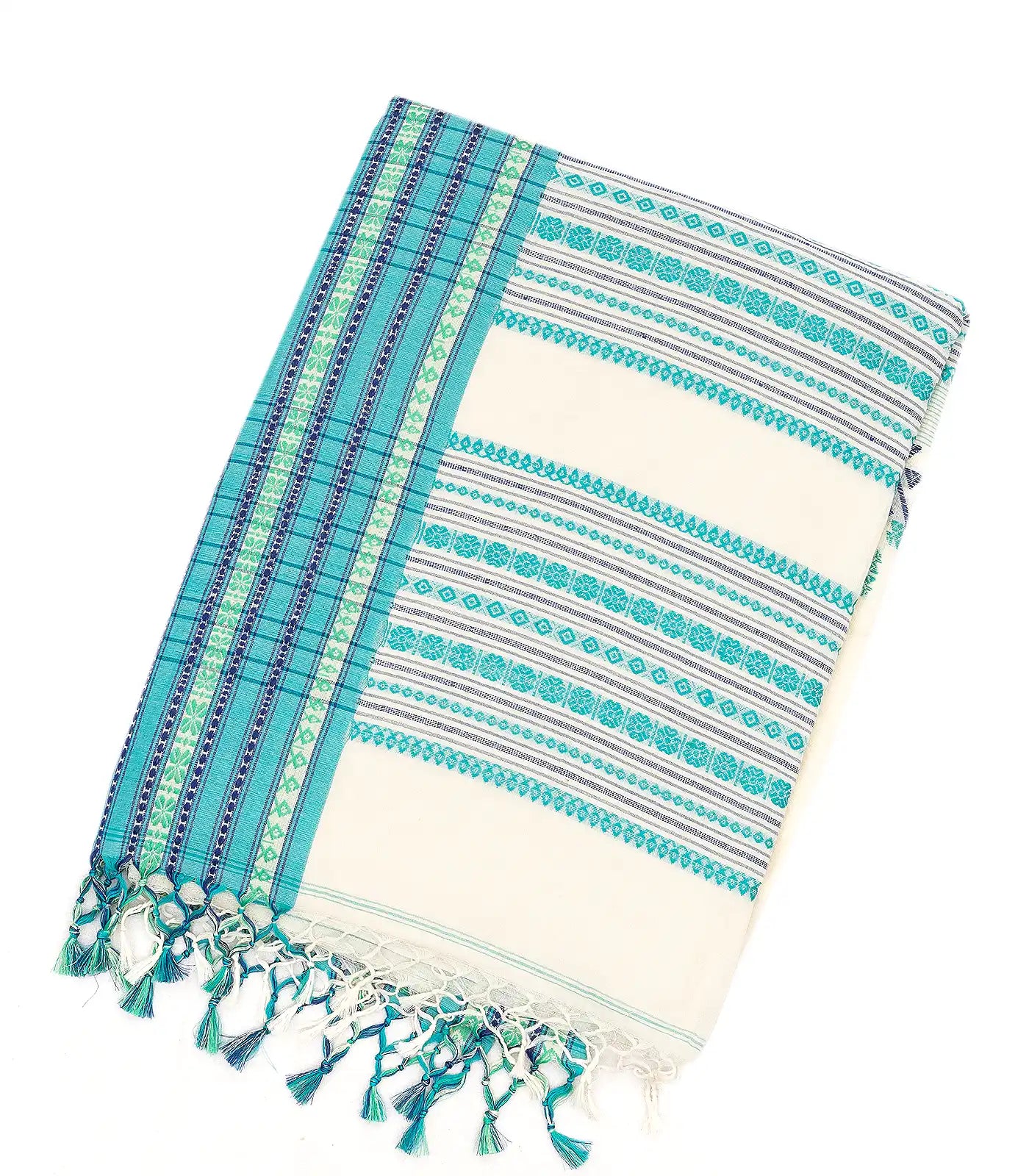 RmKV White Handloom Bengal Cotton Saree With Contrast Blue Border