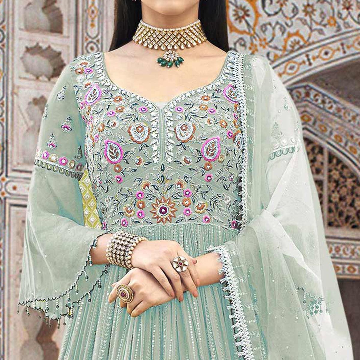 Peachmode Light Blue Embroidered With Embellished Georgette Anarkali Style Gown - view 3