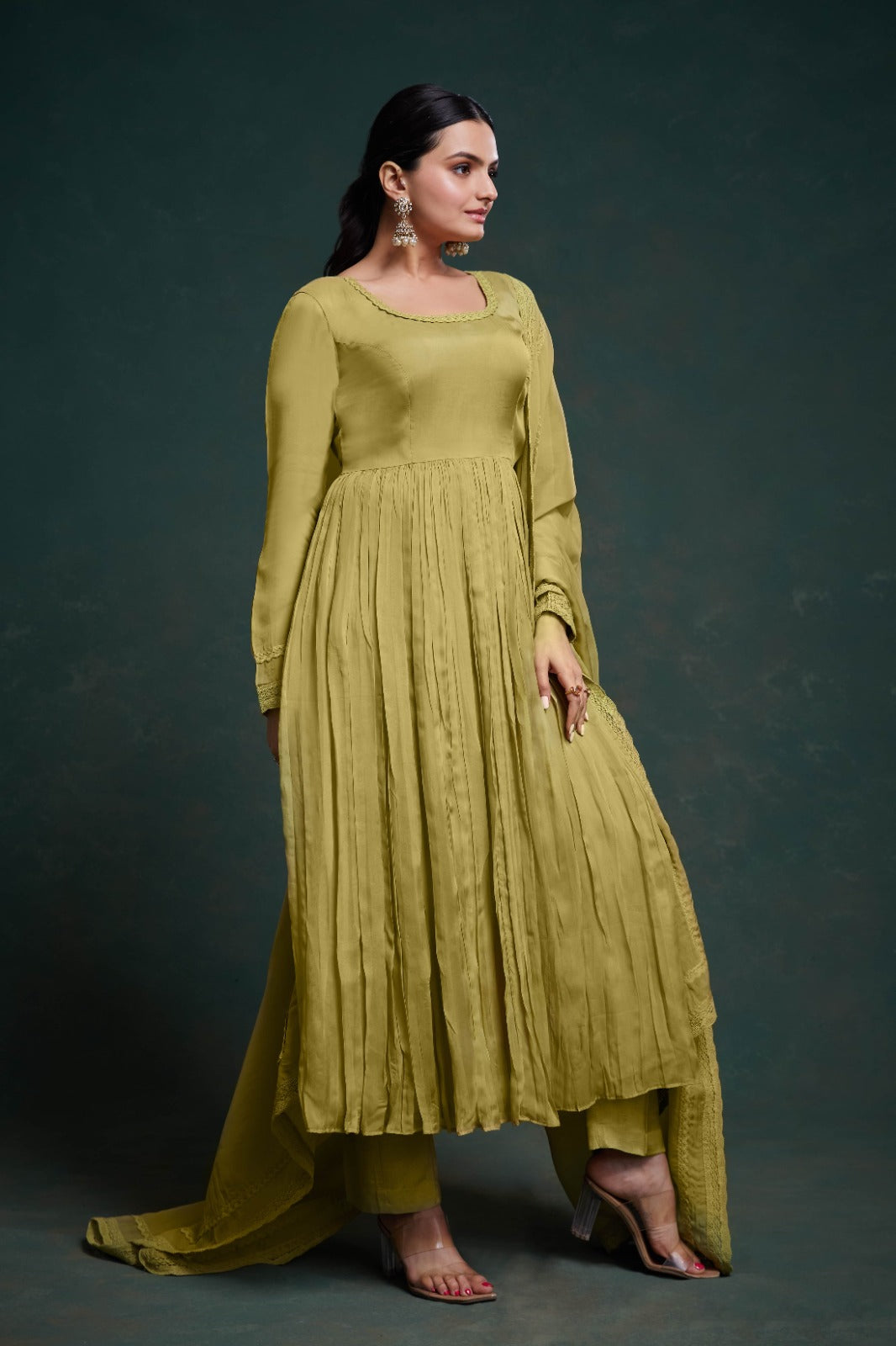 ClothsVilla Chic Olive Organza Dress with Elegant Prints – Ready to Wear! - view 2