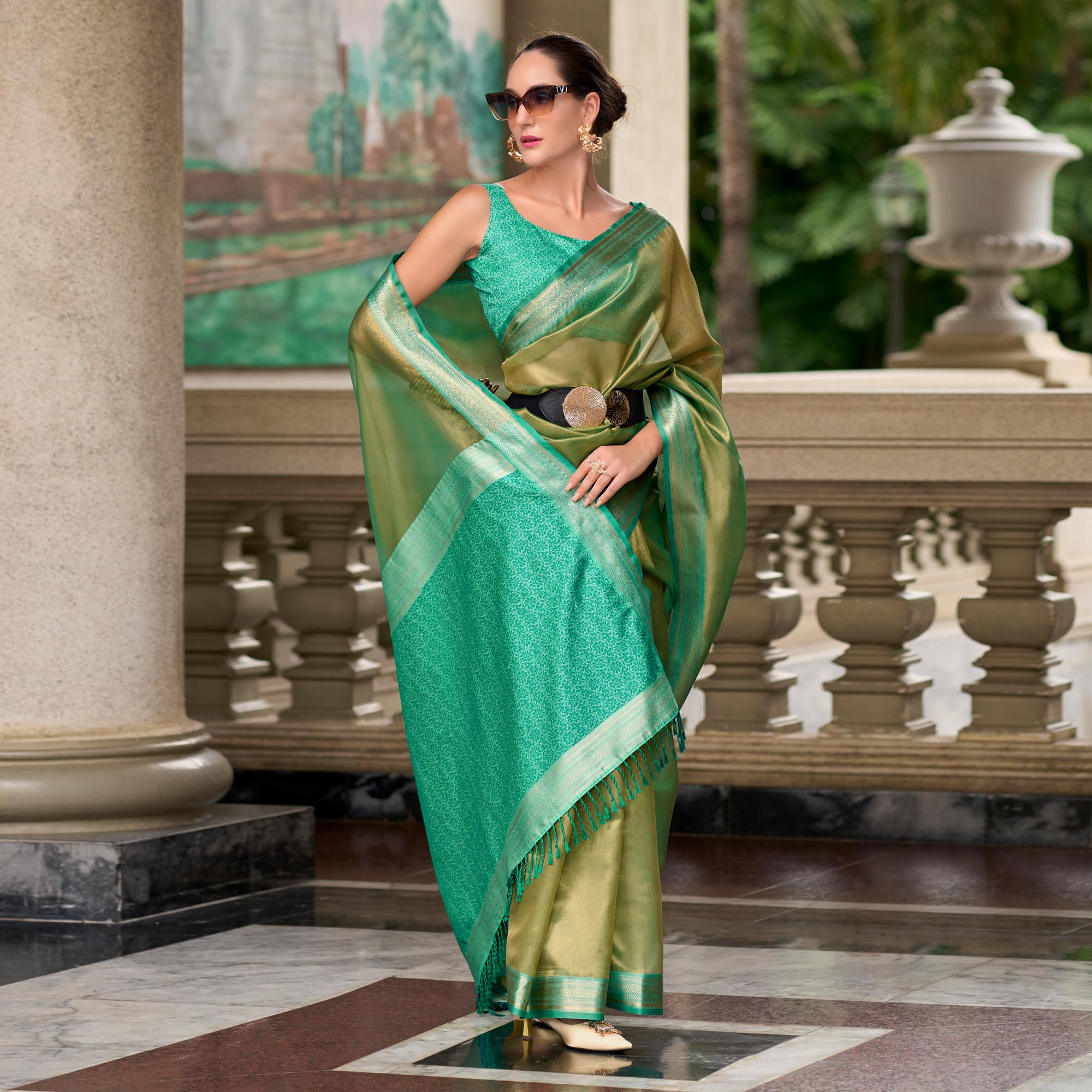 Green sarees – BlackTree green-turquoise-woven-tissue-silk-saree-with-tassels