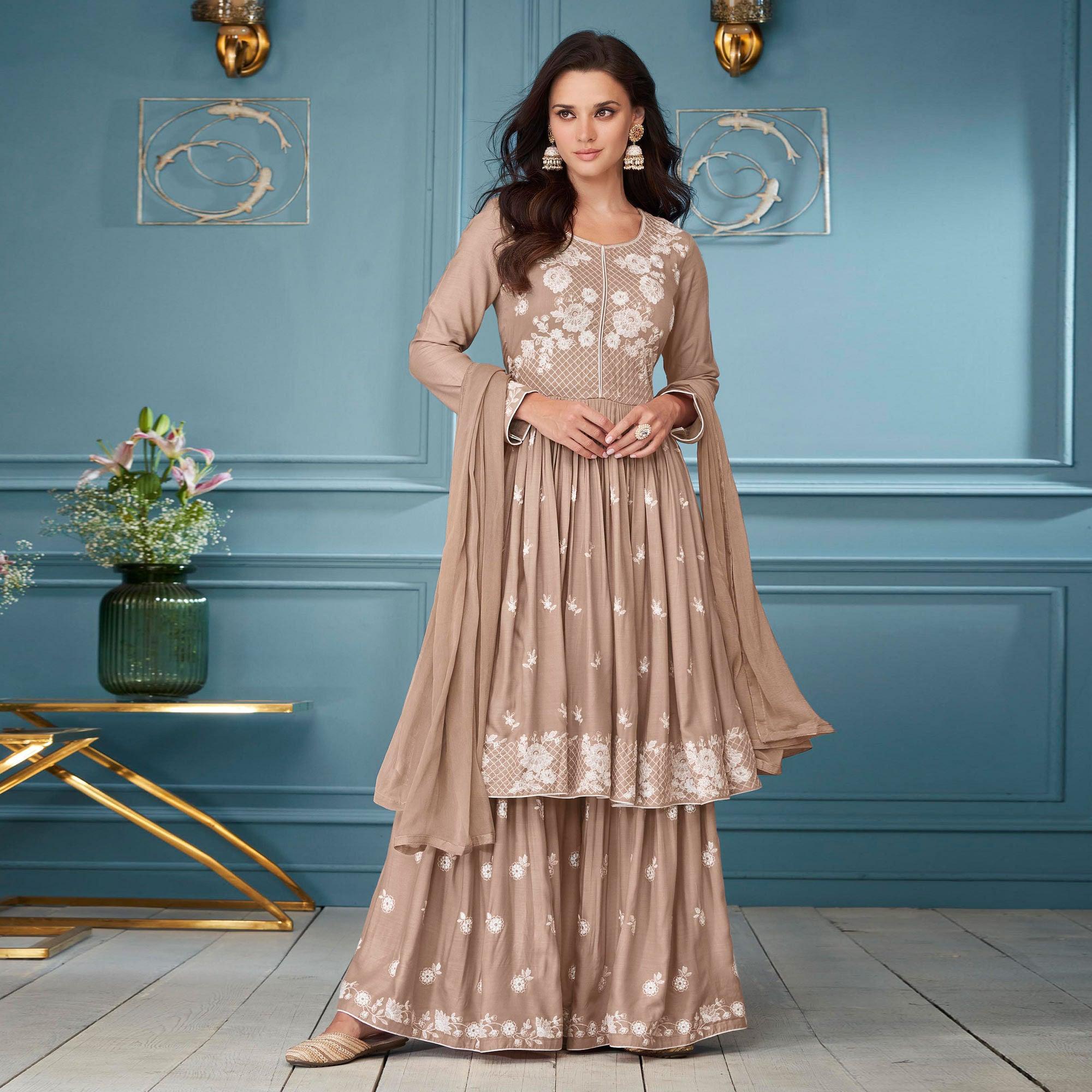 Peachmode Seller Brown Embroidered Rayon Sharara Suit - view 4