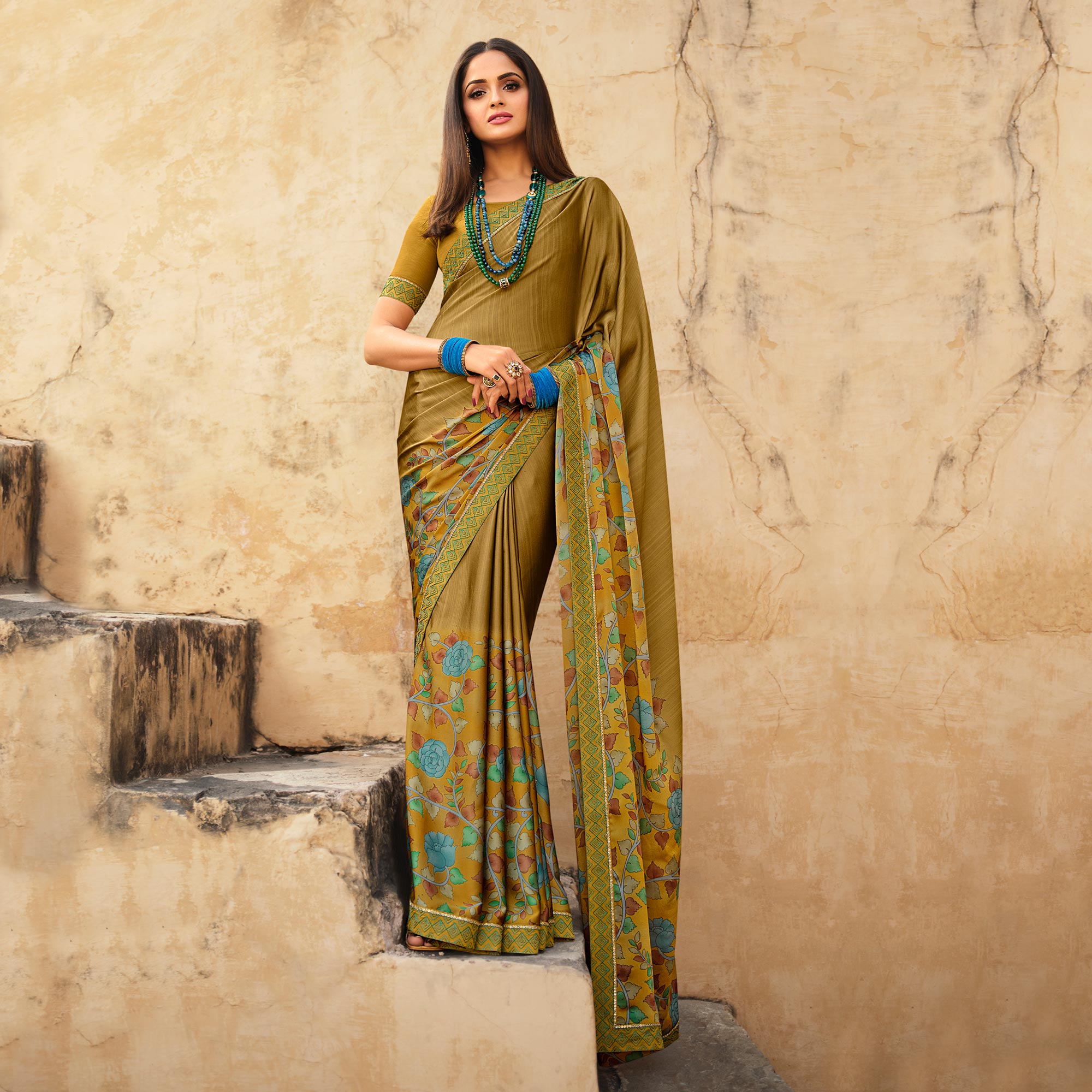 Peachmode Mehendi Green Floral Printed With Embroidered Border Silk Saree