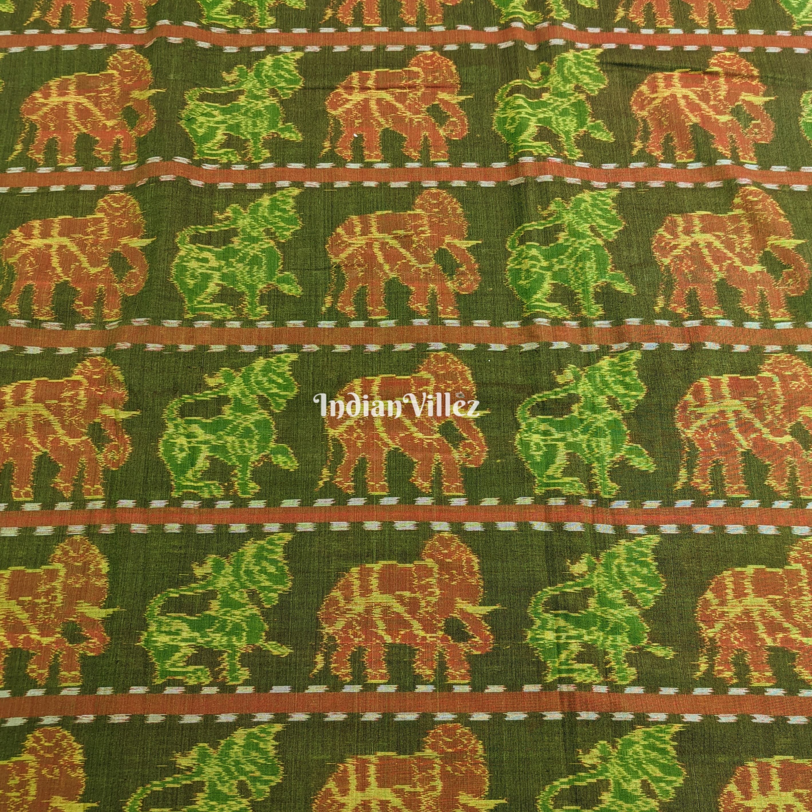 IndianVillèz Dual Tone Elephant & Lion Design Sambalpuri Ikat Cotton Fabric - view 2