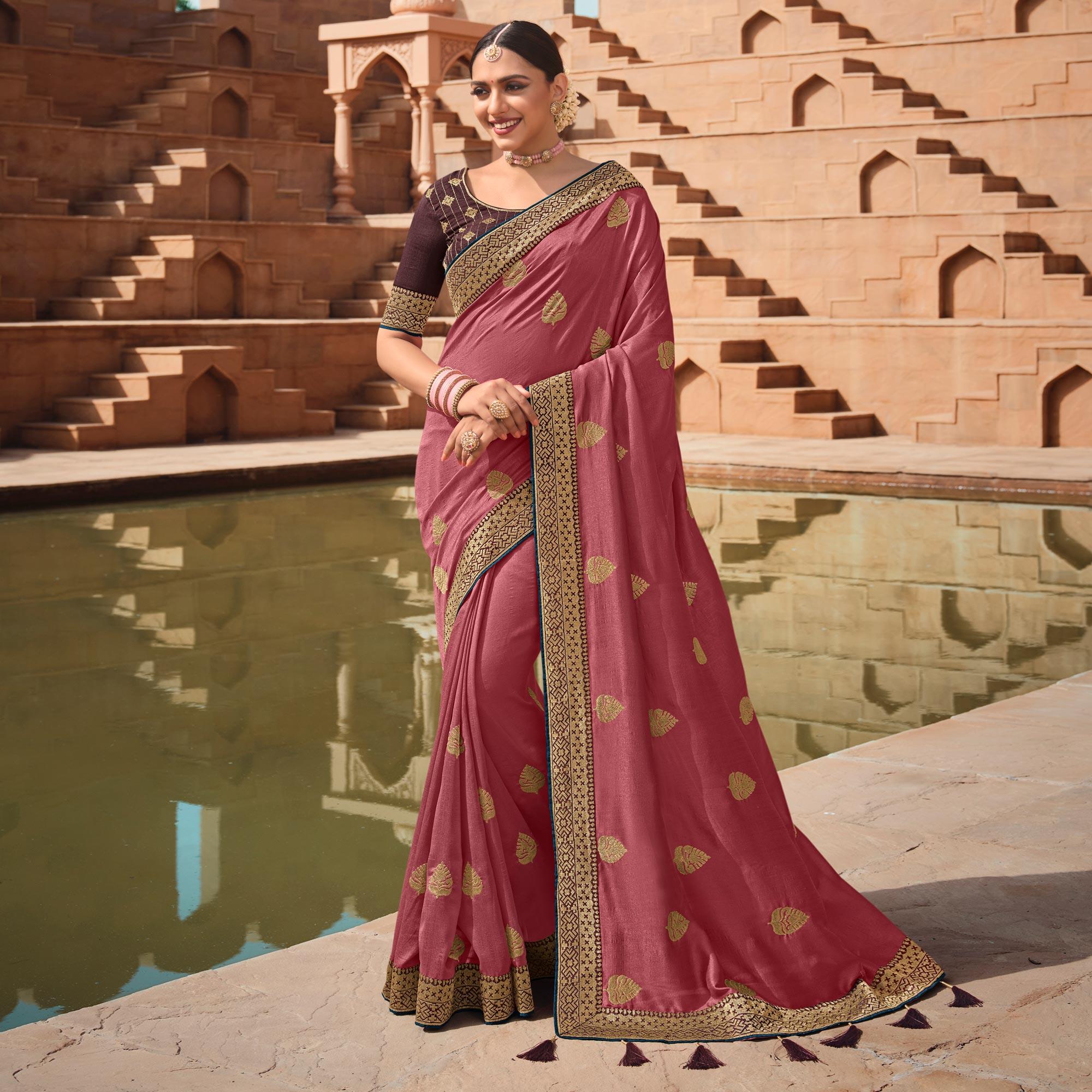 Peachmode Light pink Party Wear Embroidered Art Silk Saree - view 5