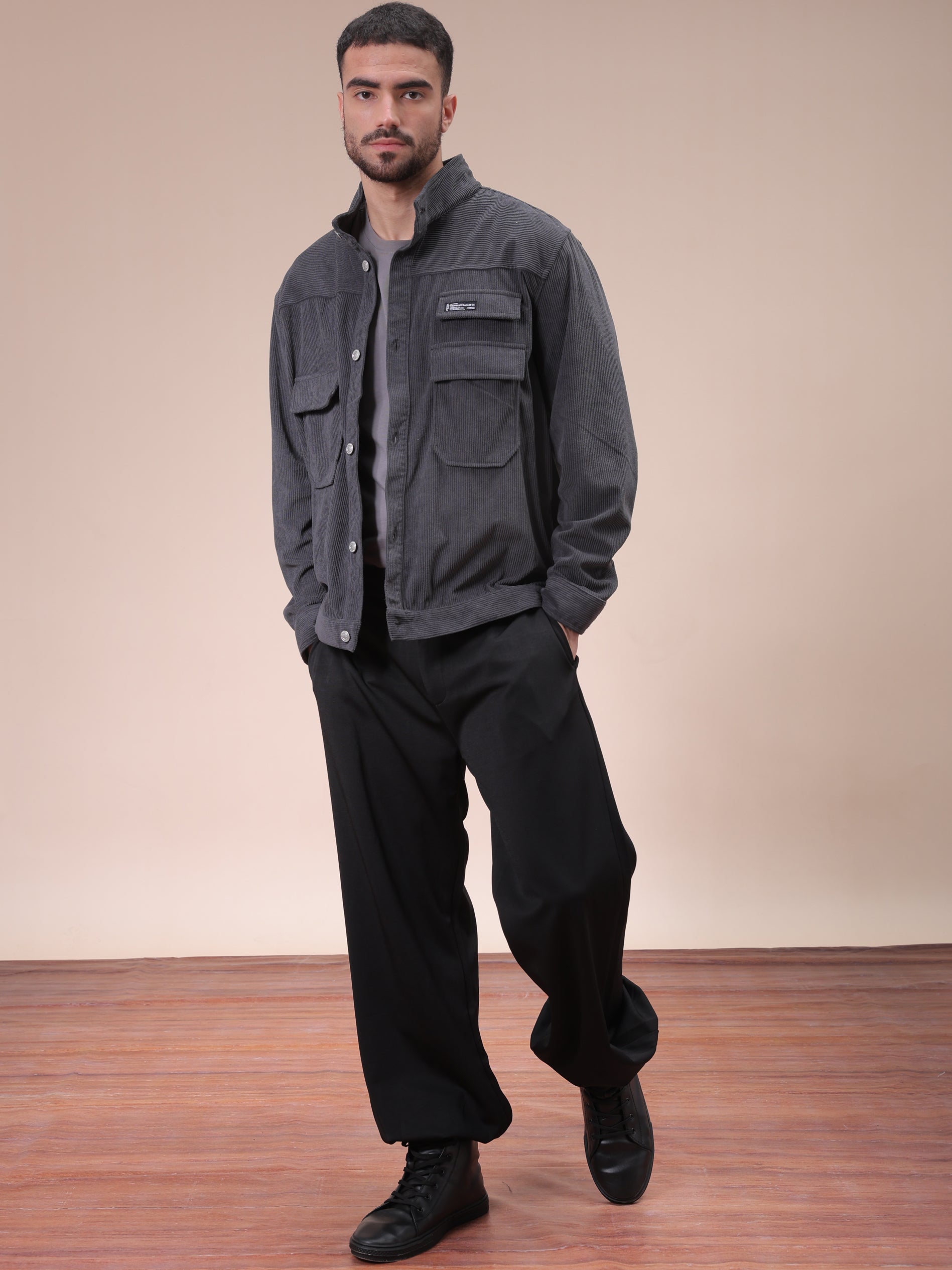 The Indian Garage Co Men's Grey Relaxed Fit Knitted Corduroy Utility Jacket - view 2