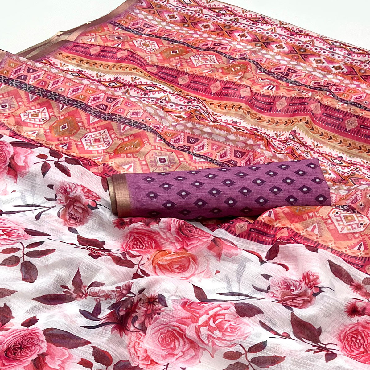 Peachmode White & Pink Floral Digital Printed Linen Saree With Zari Border - view 2