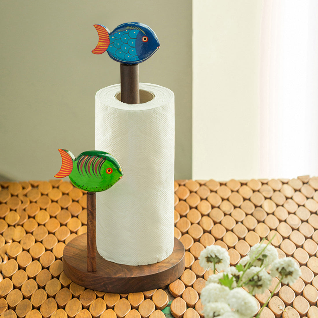 EXCLUSIVELANE Brown - Handpainted Fishes Napkin Holder In Sheesham Wood