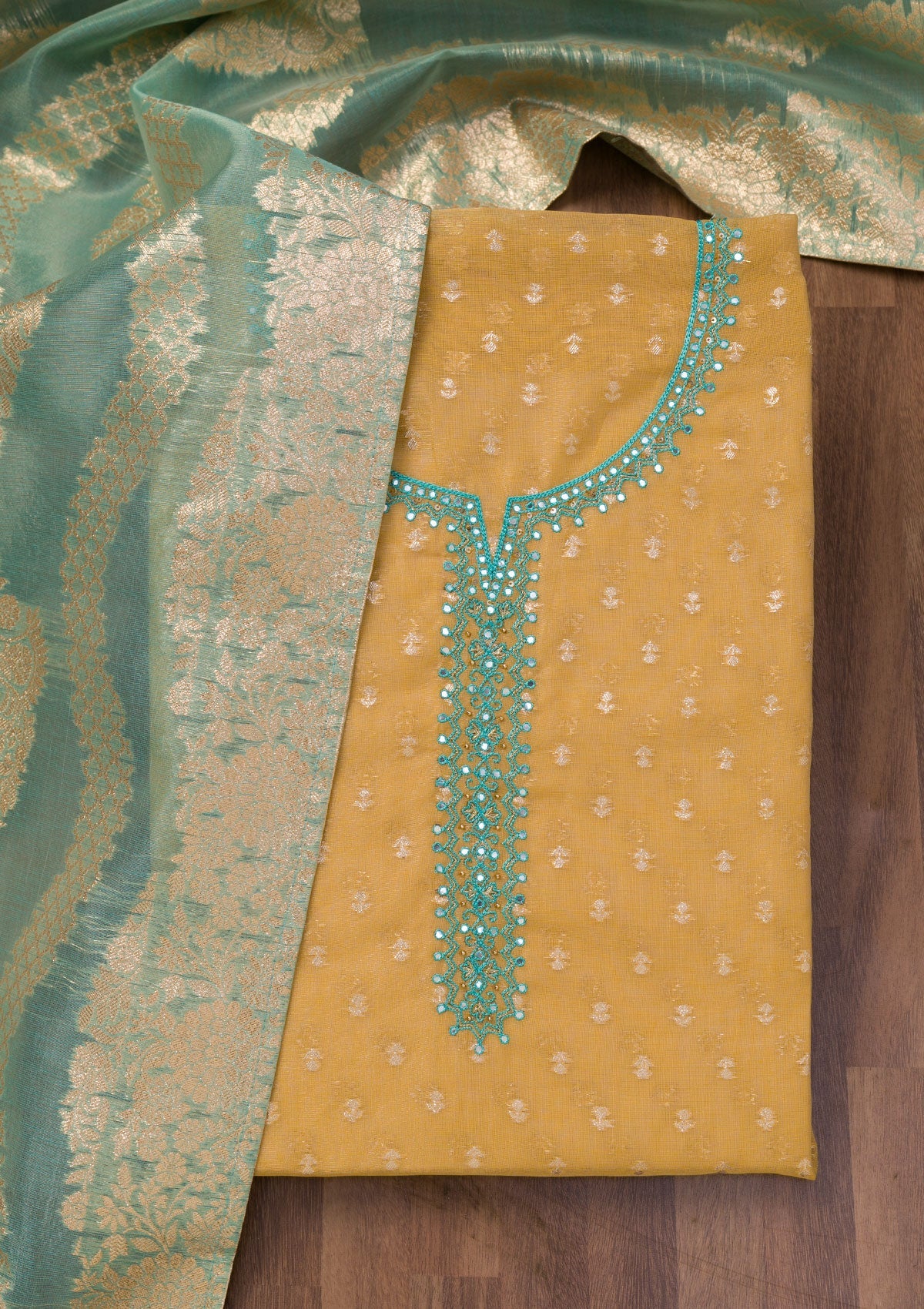 Koskii Mustard Zariwork Banarasi Unstitched Salwar Suit - view 6