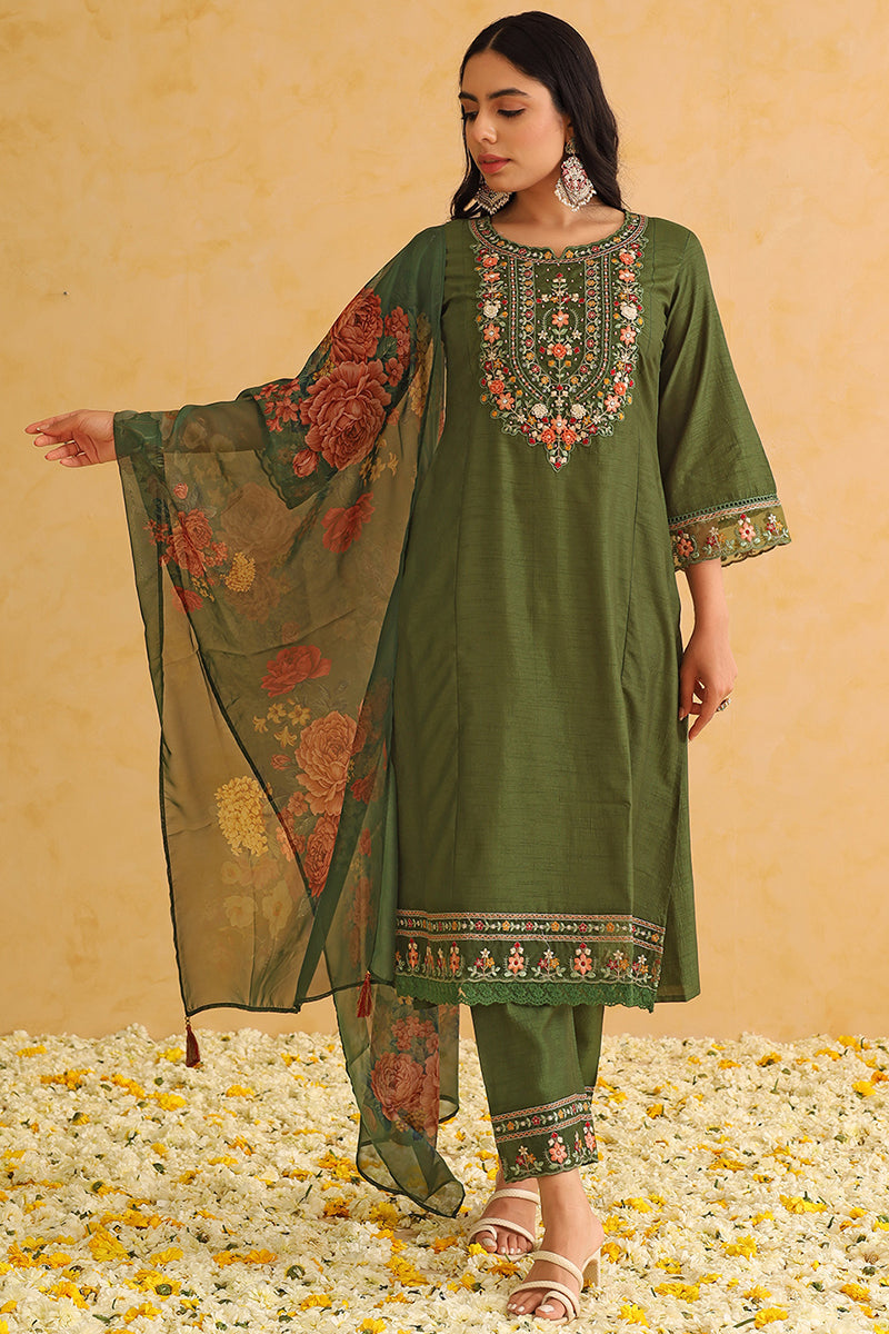 Ahika Green Silk Blend Solid Embroidered Straight Trouser Suit Set PKSKD2473