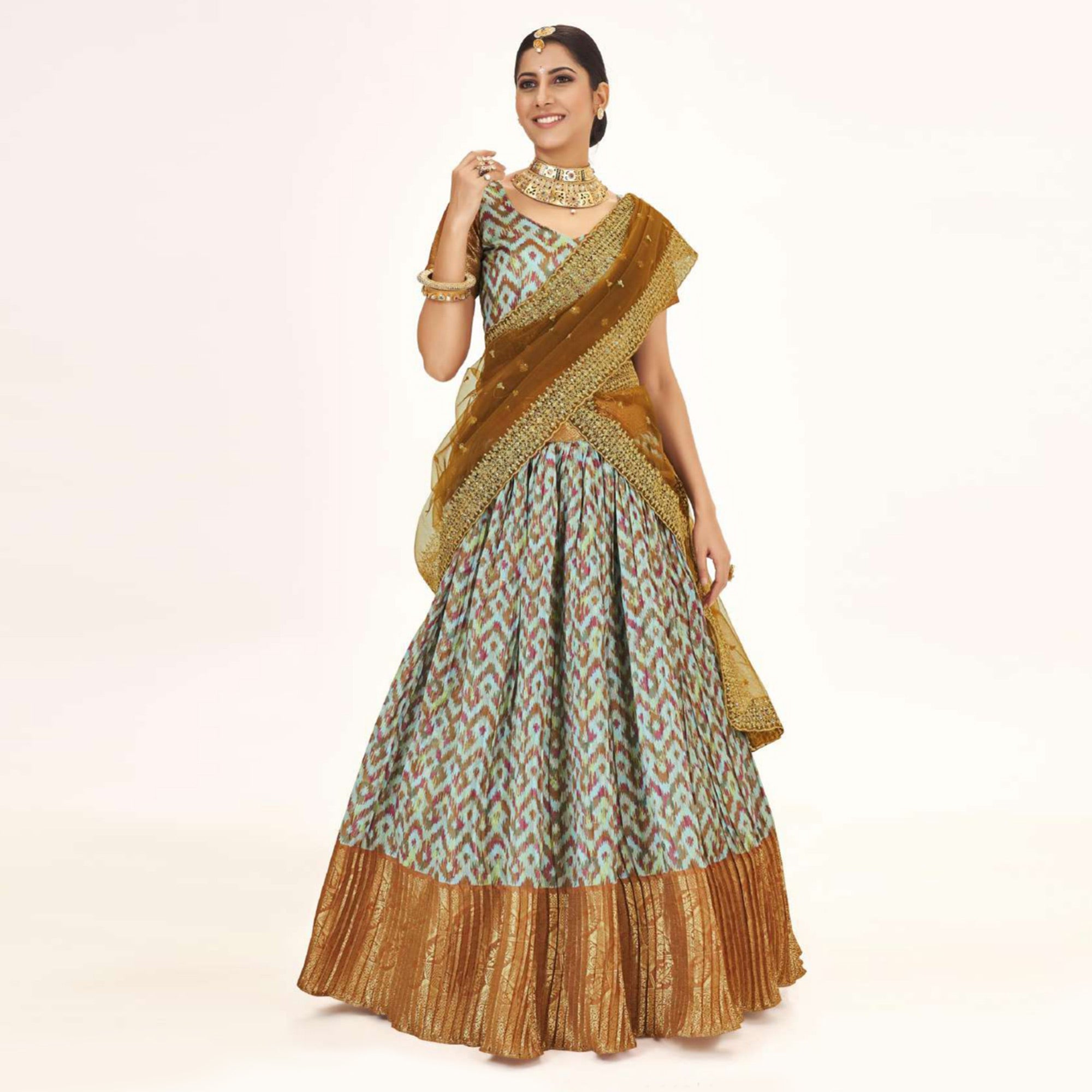 Peachmode Light Blue Digital Printed With Zari Work Art Silk Lehenga Choli